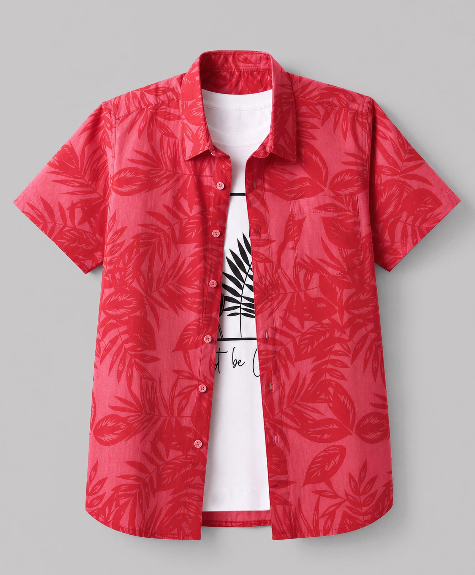 Pine Kids Cotton Woven Shirt and T-Shirt with Short Sleeves and Tropical Theme Print in Red for 5-6 Years-picture-21