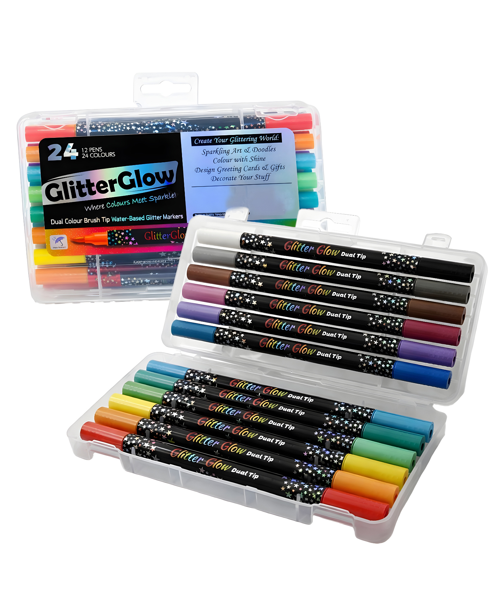 SCHOOLISH Glitter Glow Dual Tip Brush Pens Set of 24 Colors, Water-Based Markers with Glitter Effect, Art & Craft Colouring Pens for Kids, Drawing, Calligraphy, DIY Cards - PACK OF 1 - COLOR MAY VARY-image-29