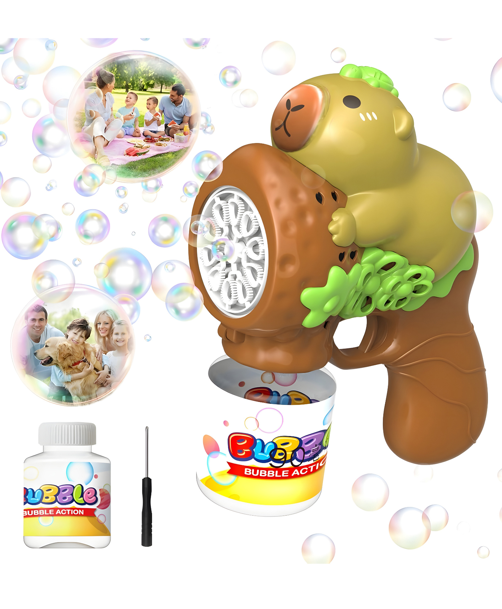 NEGOCIO Capibara Bubble Gun Children's Automatic Bubble Blower Toy 360° Leak-Proof/ 10000+ Bubbles per Minute/LED Light with 90ml Bubble Water, Suitable for Girls Boys - PACK OF 1 - COLOR MAY VARY-image-1