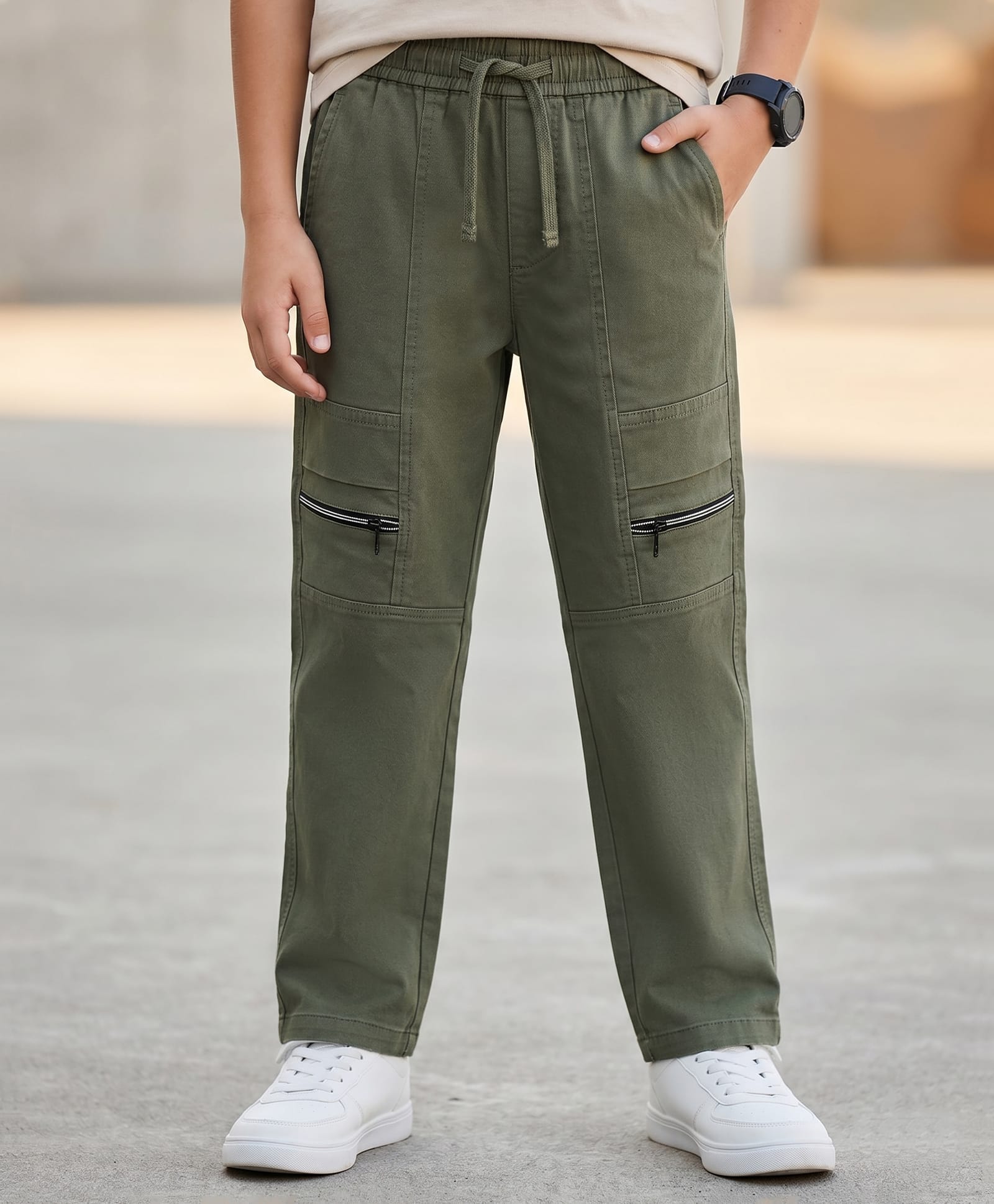 Pine Kids Woven Full Length Solid Trouser With Front Pockets - Olive Green-picture-15