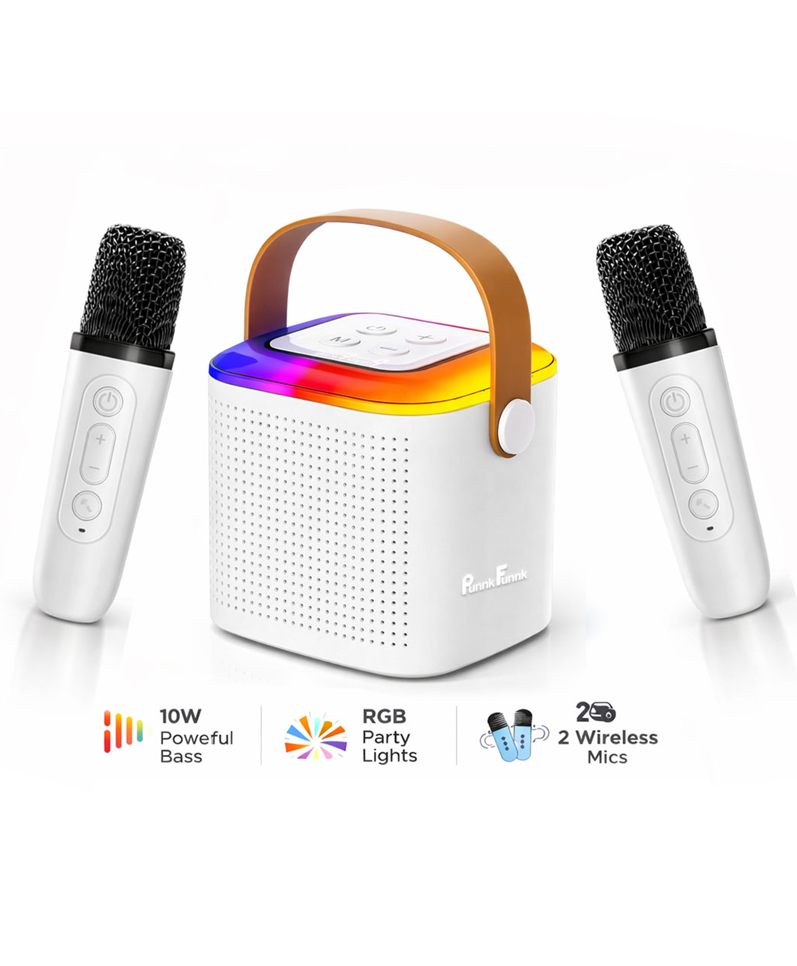 PunnkFunnk JollyBeats Wireless Mini Karaoke Speaker with Dual Mic | RGB Lights & Voice Effects | 10W Powerful Sound | Bluetooth 5.3 | 10H Playtime | Multi-Play Modes | Type-C Fast Charging(White)-picture-13
