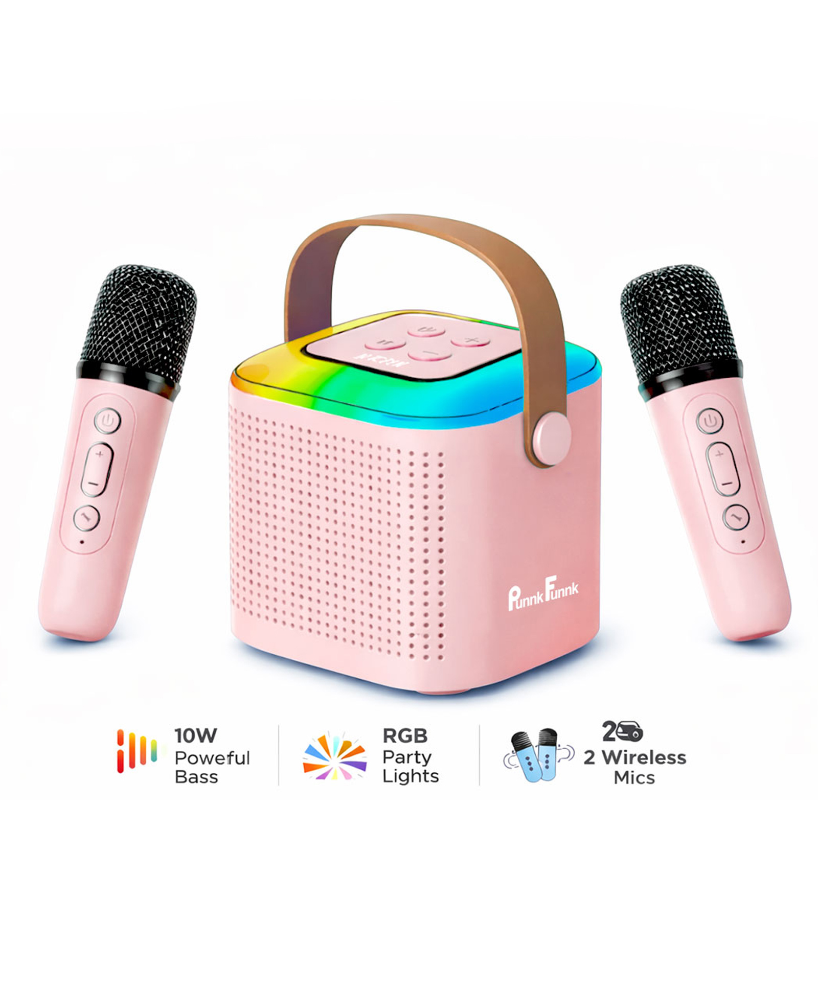 PunnkFunnk JollyBeats Wireless Mini Karaoke Speaker with Dual Mic RGB Lights & Voice Effects 10W Powerful Sound Bluetooth 5.3 10H Playtime Multi-Play Modes Type-C Fast Charging(Pink)-image-46