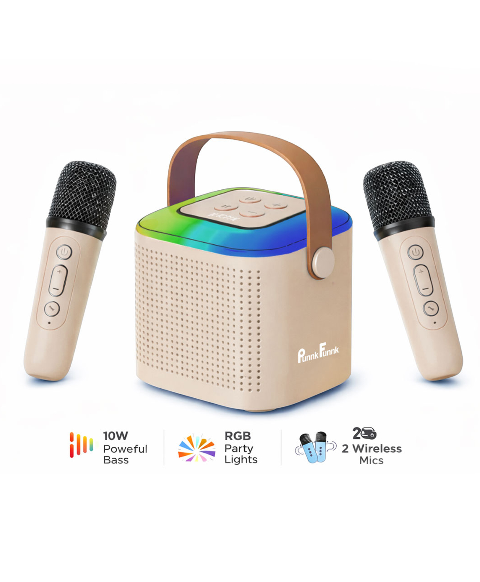 PunnkFunnk JollyBeats Wireless Mini Karaoke Speaker with Dual Mic RGB Lights & Voice Effects 10W Powerful Sound Bluetooth 5.3 10H Playtime Multi-Play Modes Type-C Fast Charging(Beach)-image-22