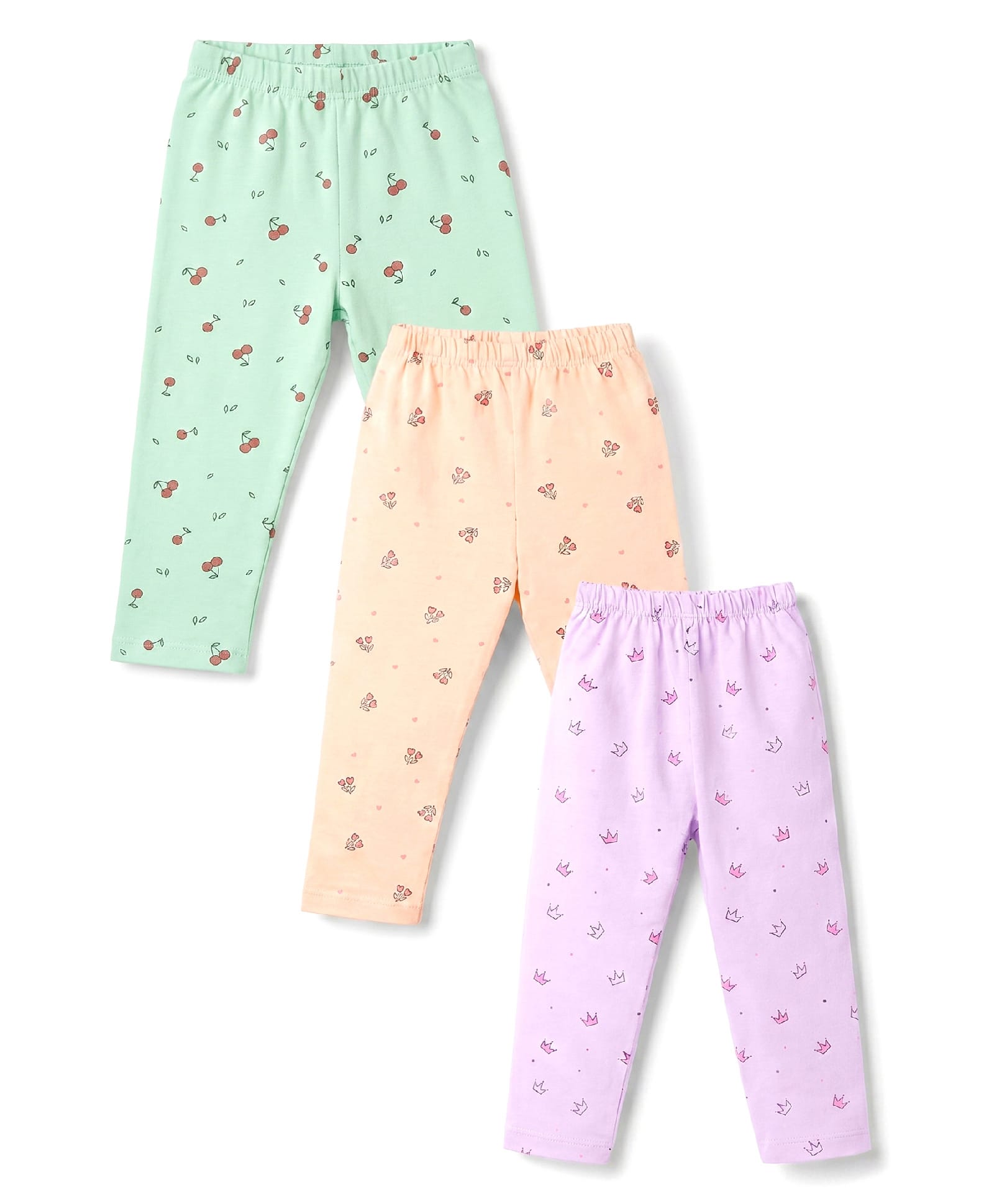 Simply Cotton Lycra Knit Full Length Floral & Crown Printed Lounge Pants Pack Of 3 - Lilac Peach & Light Green-image-28
