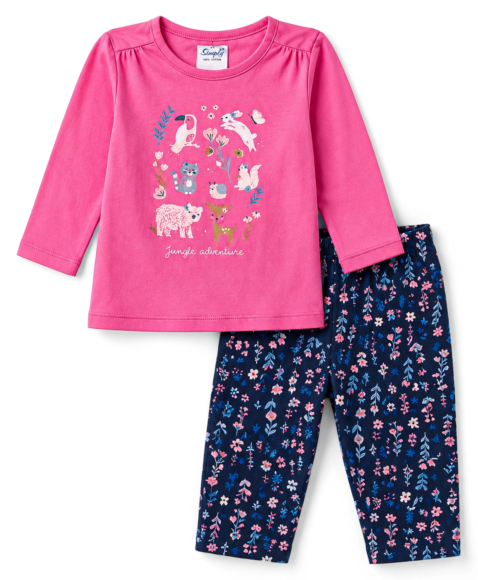 Simply Sinker Knit Full Sleeves Top & Pant Set With Floral & Animal Print - Navy Blue & Fuchsia-picture-10