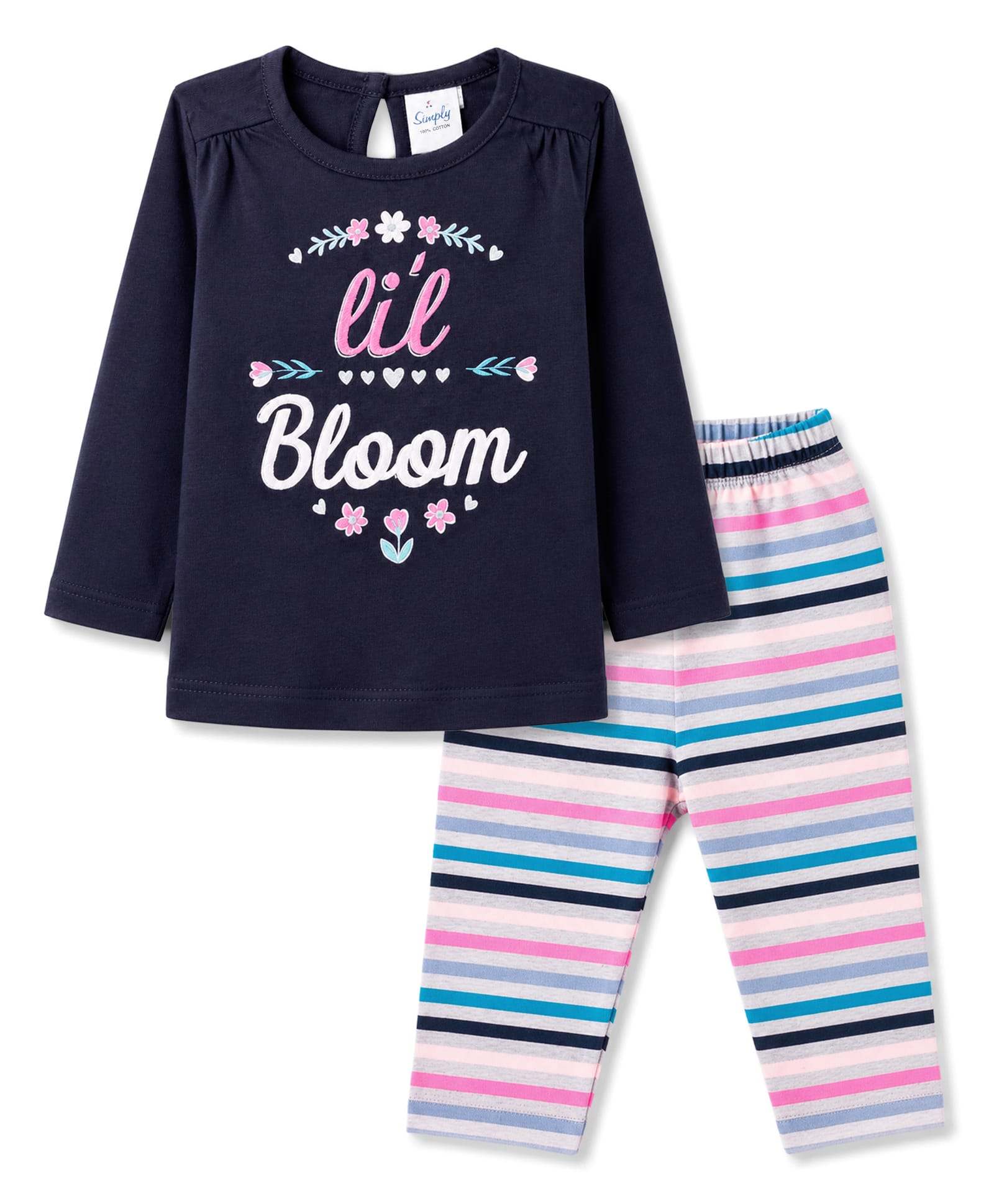 Simply Sinker Knit Full Sleeves Text Printed Top & Striped Pant Set - Navy Blue-picture-10