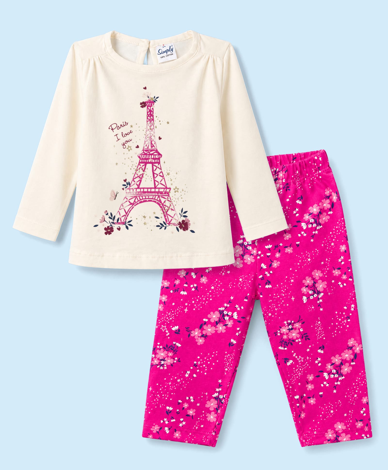 Simply Sinker Knit Full Sleeves Top & Pant Set With Floral & Paris Print - Offwhite & Fuchsia-image-27