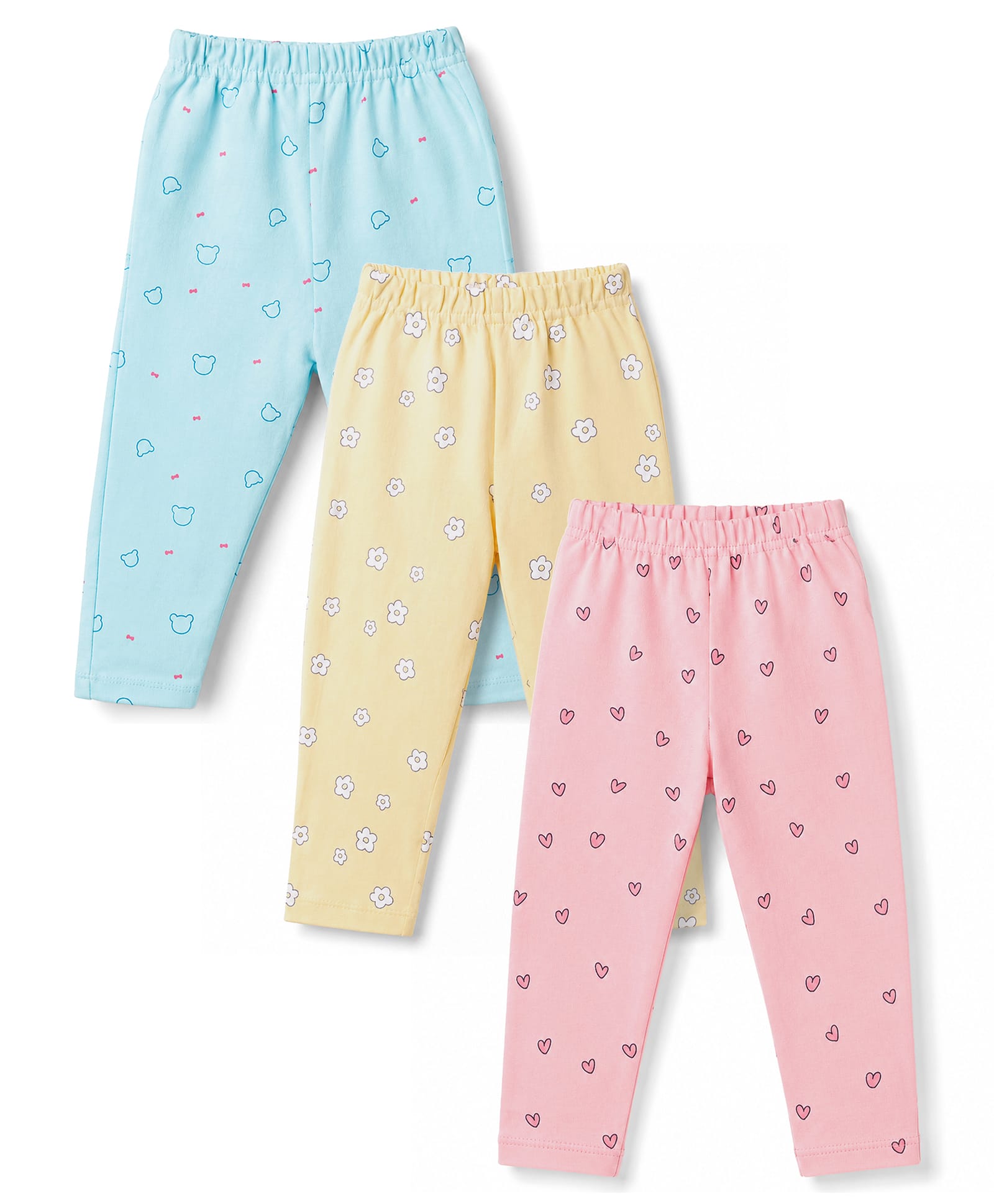 Simply Interlock Knit Full Length Hearts & Floral Printed Lounge Pants Pack Of 3 - Baby Pink Yellow & Light Blue-image-7