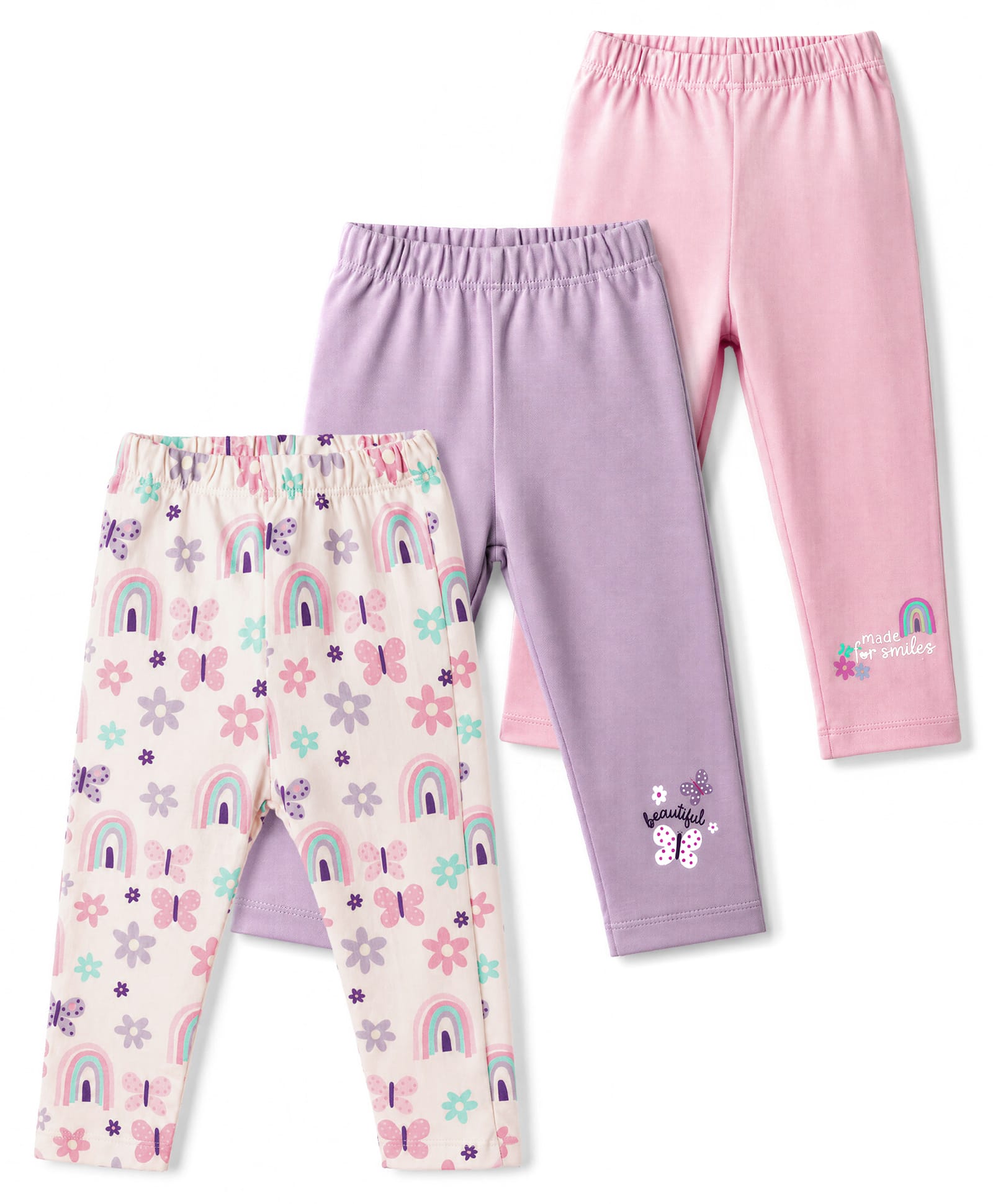 Simply Interlock Knit Full Length Butterfly Floral & Rainbow Printed Leggings Pack Of 3 - Multicolor-picture-12