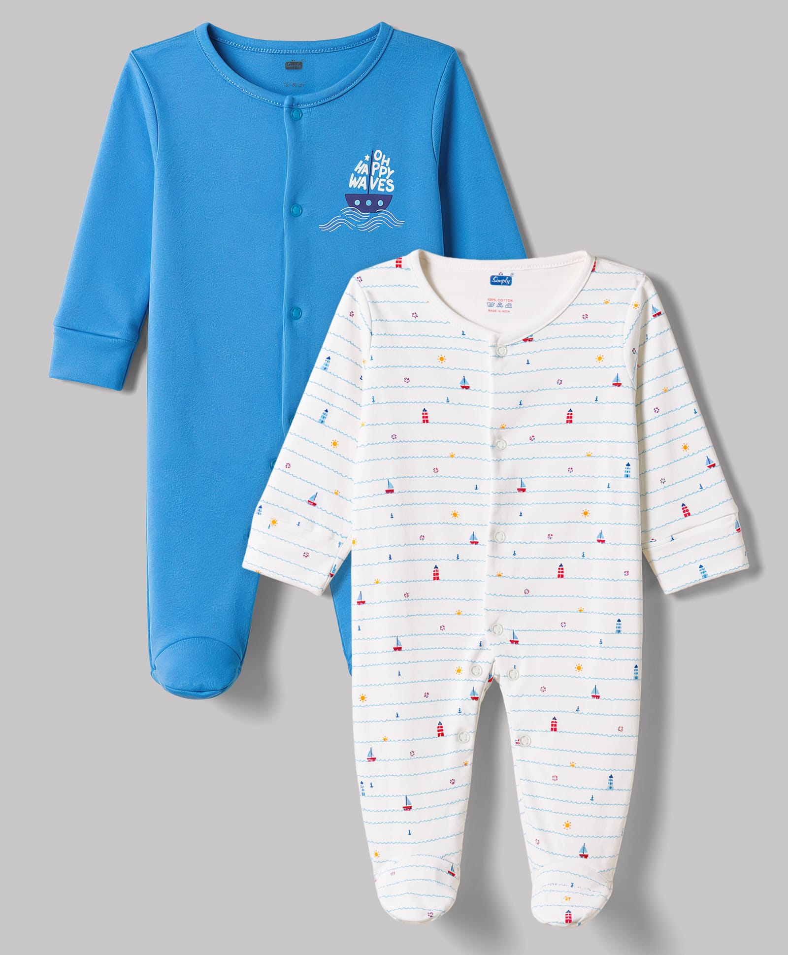 Simply Interlock Knit Full Sleeves Striped Sleep Suits With Nautical Print Pack of 2 - White & Blue-image-30
