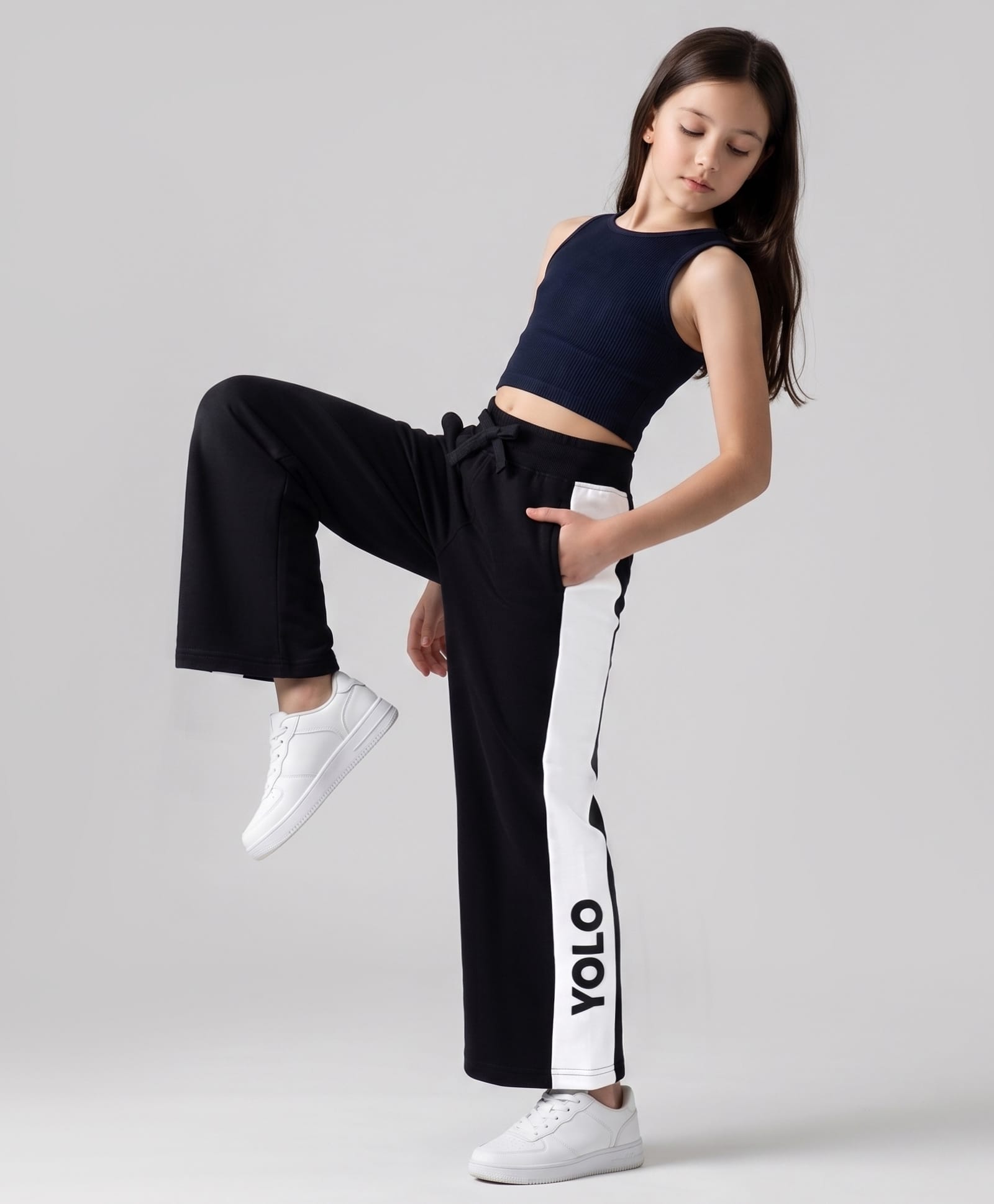 Pine Kids Knit Full Length Track Pant with Cut & Sew Design & Text Print - Black-image-12