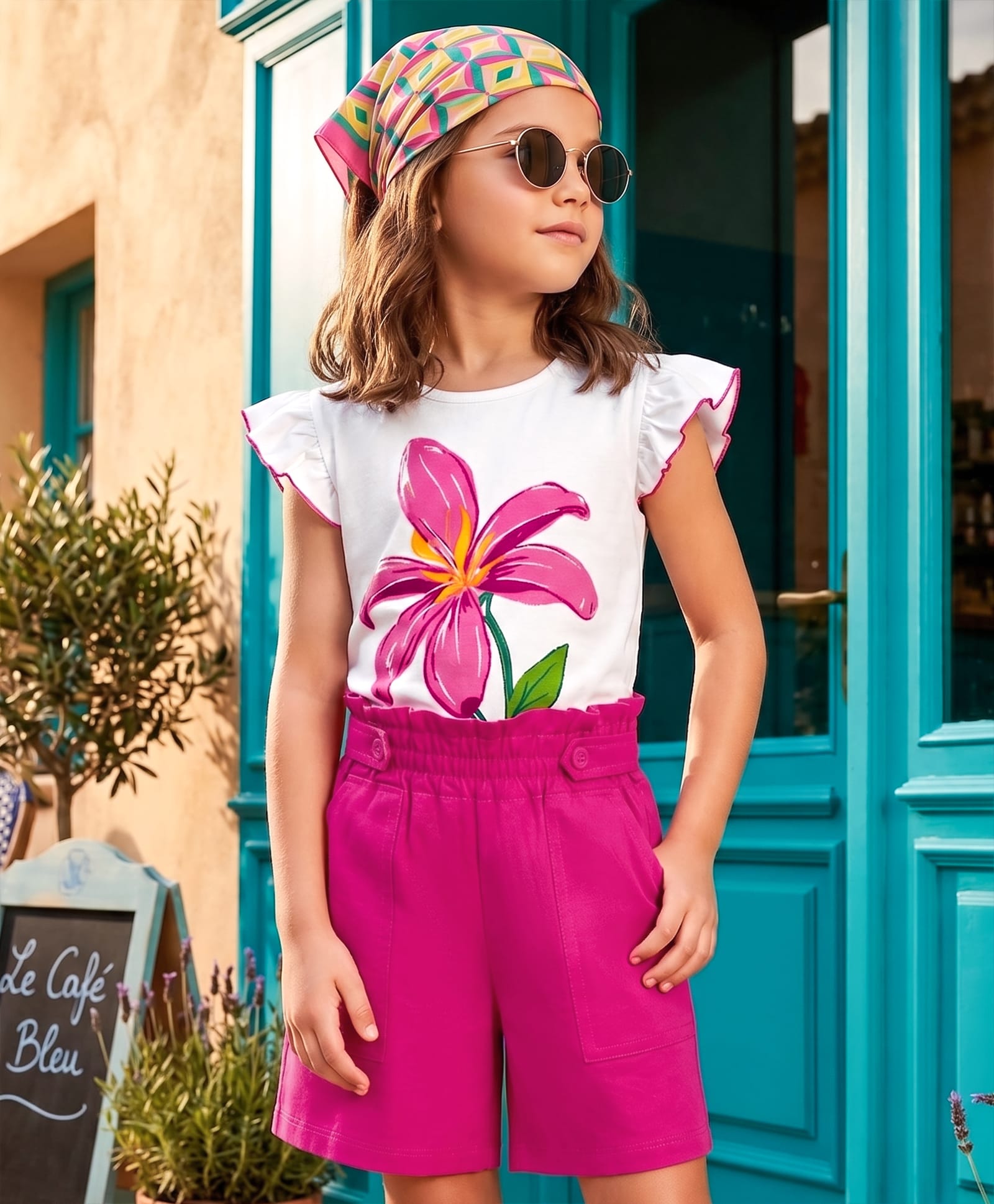 OLLINGTON ST. Sinker Knit Half Sleeves Top & Short Set With Floral Print - White & Pink-image-22