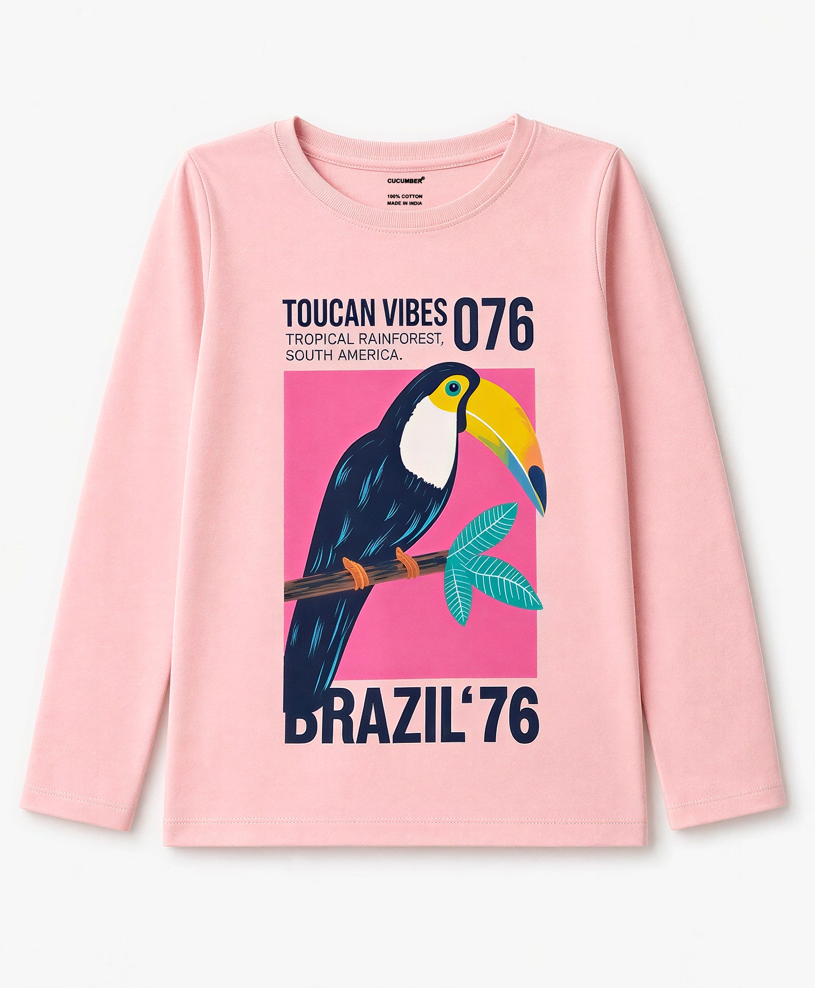 CUCUMBER Sinker Knit Full Sleeves T-Shirt with Bird & Text Print - Pink-image-16