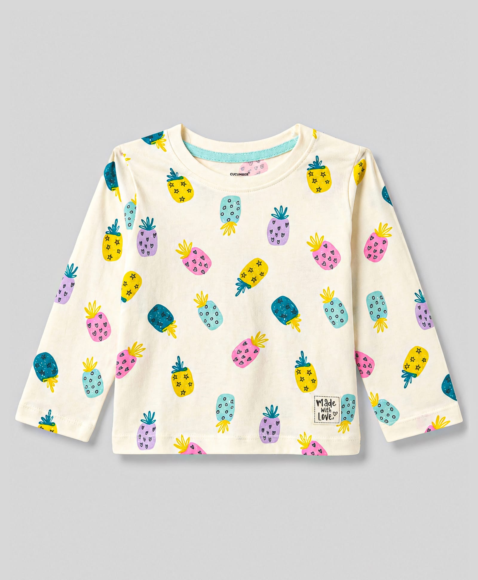 Cucumber Cotton Sinker Knit Full Sleeves Pineapple Printed T-Shirt- Cream-image-31
