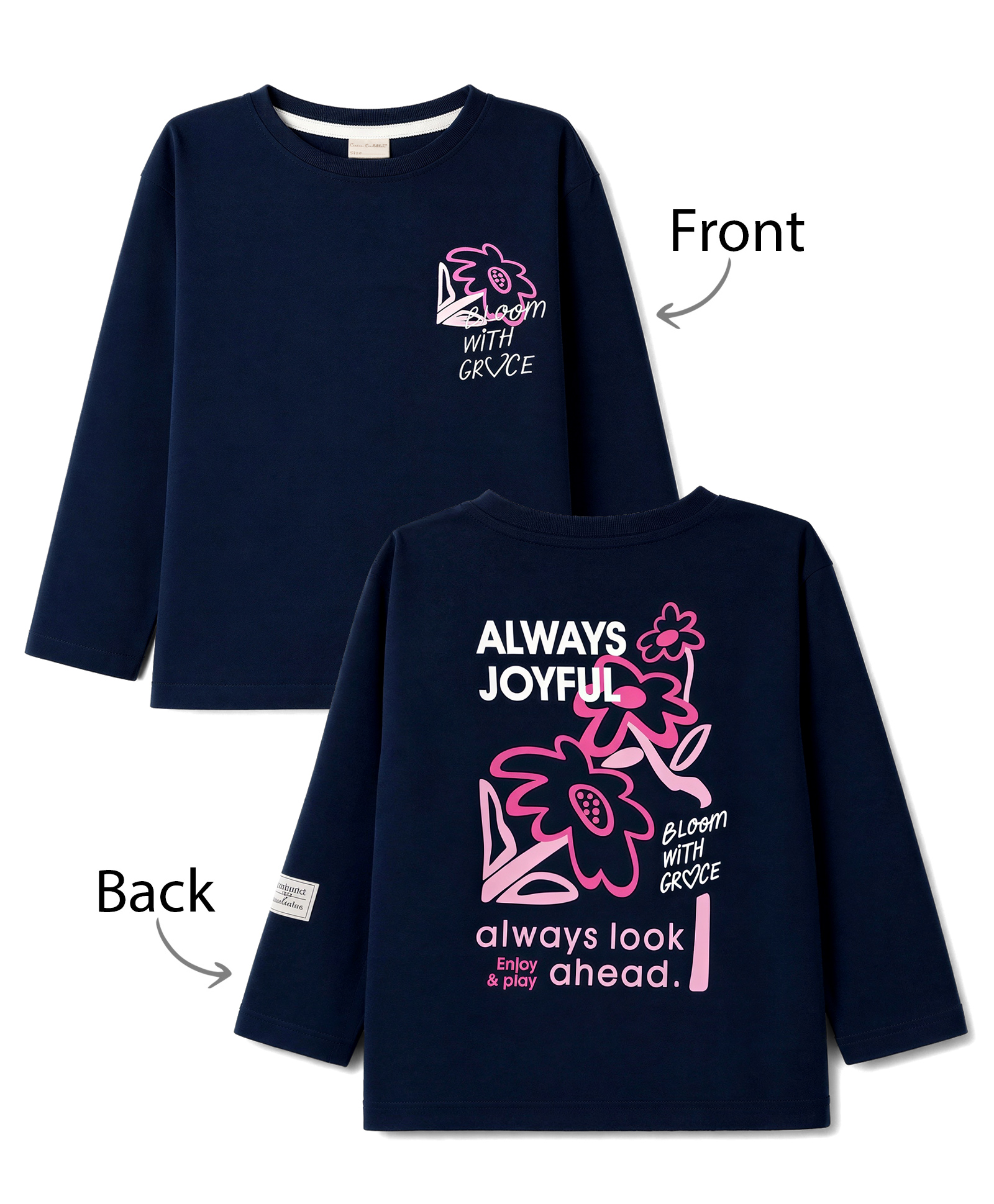 CUCUMBER Sinker Knit Full Sleeves T-Shirt with Front & Back Text & Floral Print - Navy-picture-3
