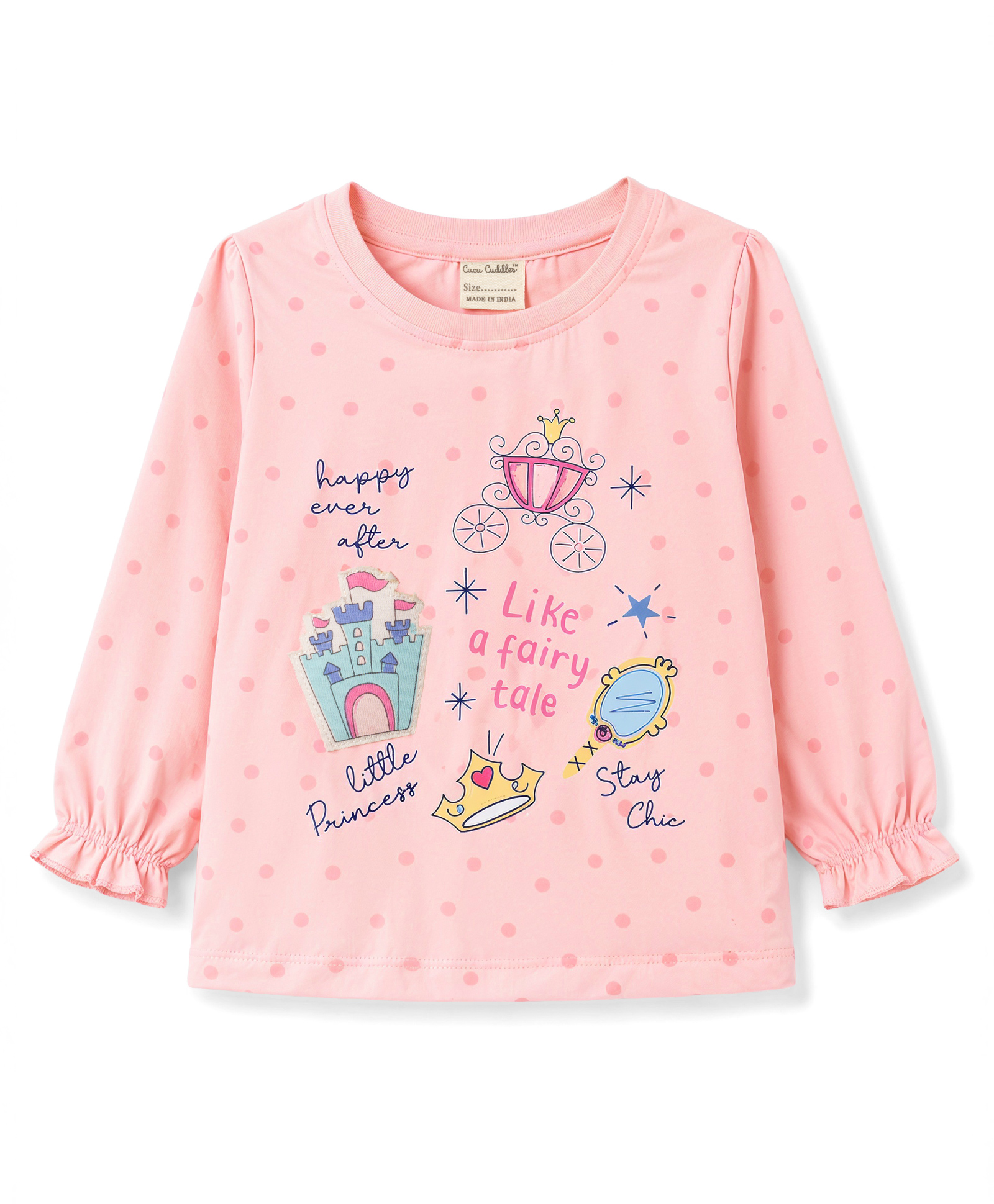 Cucumber Cotton Sinker Knit T-Shirts with Full Sleeves and Fairy Tale Print in Baby Pink for 12-18 Months-image-1
