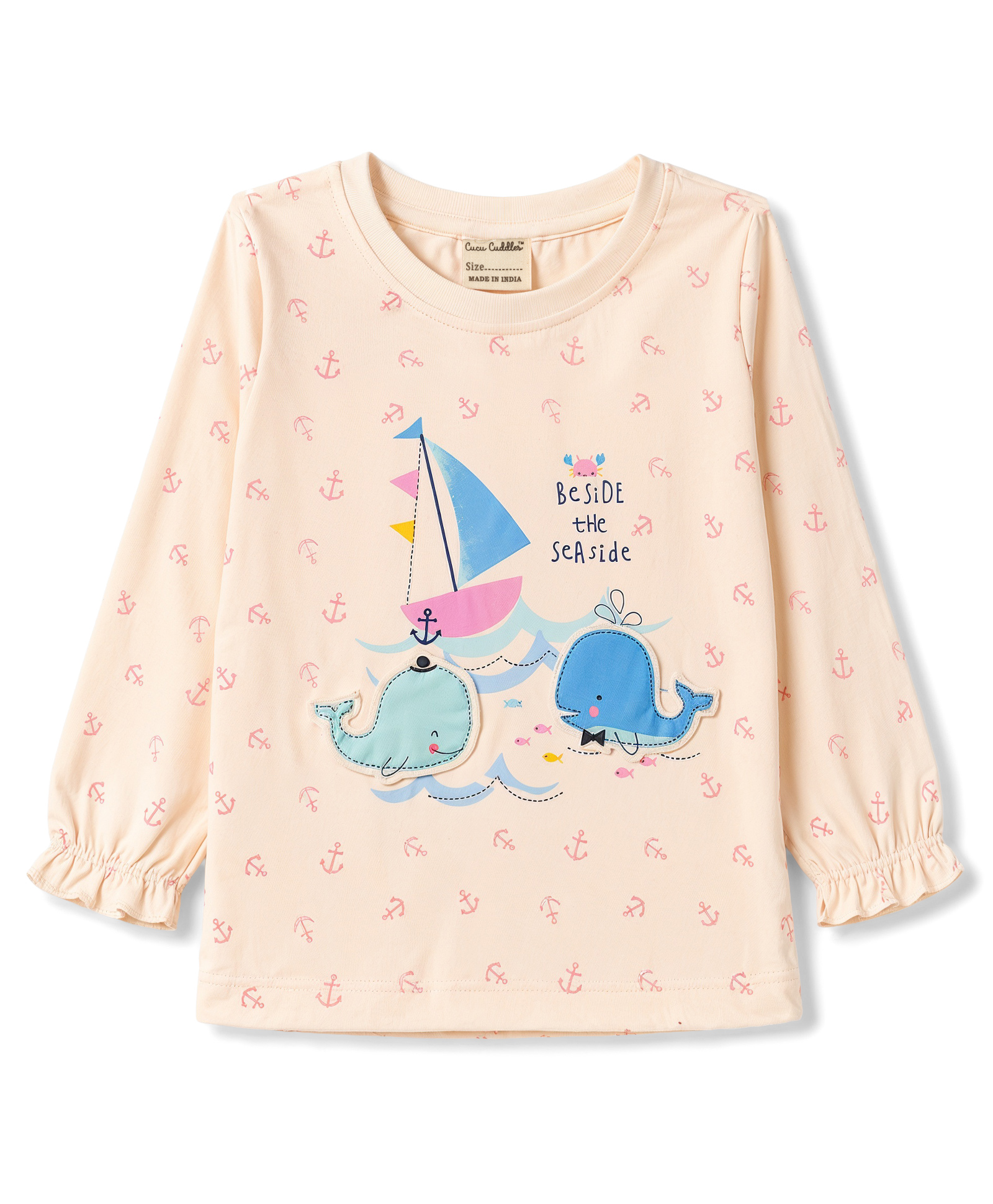 CUCUMBER Sinker Knit Full Sleeves T-Shirt with Nautical Theme Print & Dolphin Patch-Cream-picture-1