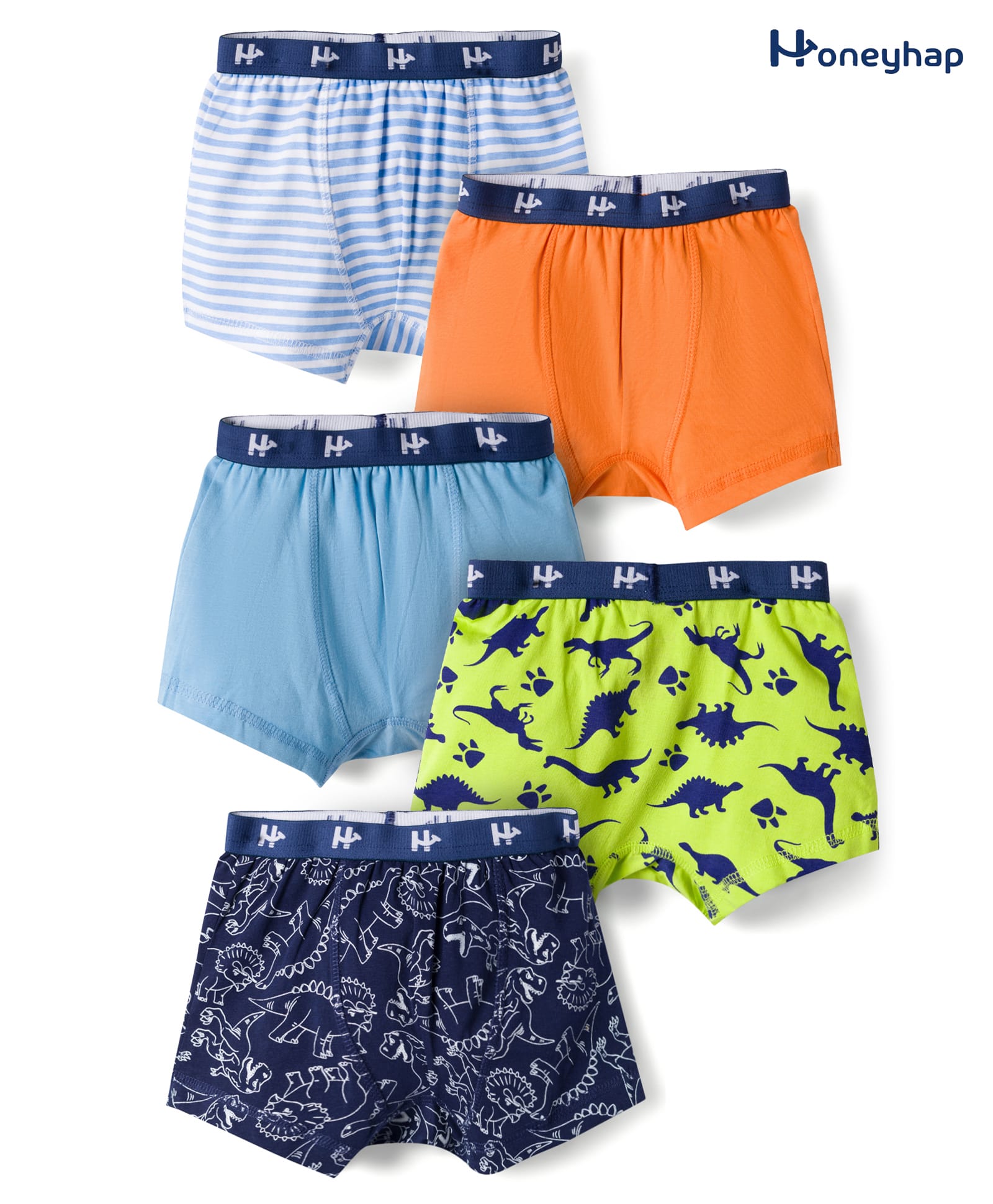 Honeyhap Premium Cotton Elastane Knit Trunks With Dino Print & Bio Finish Pack of 5 - Bright White Baltic Sea Navy Peony Tangerine & Kiwi Colada-image-15