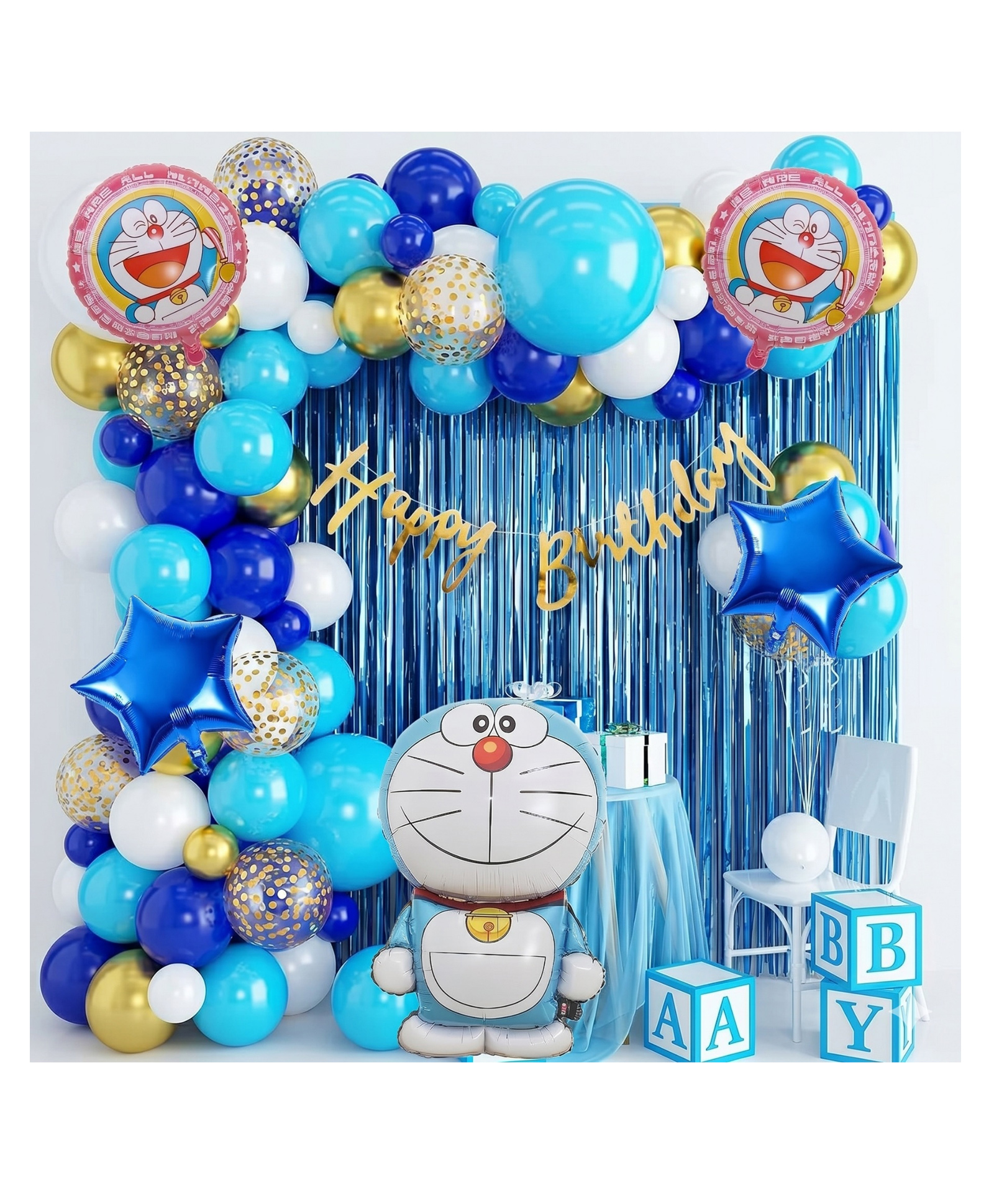 Puchku Cartoon Theme Birthday Party Decoration Set, Balloon Arch Kit, Blue and Gold Balloons with Foil Curtain, Character Design | 75 Pieces-image-41