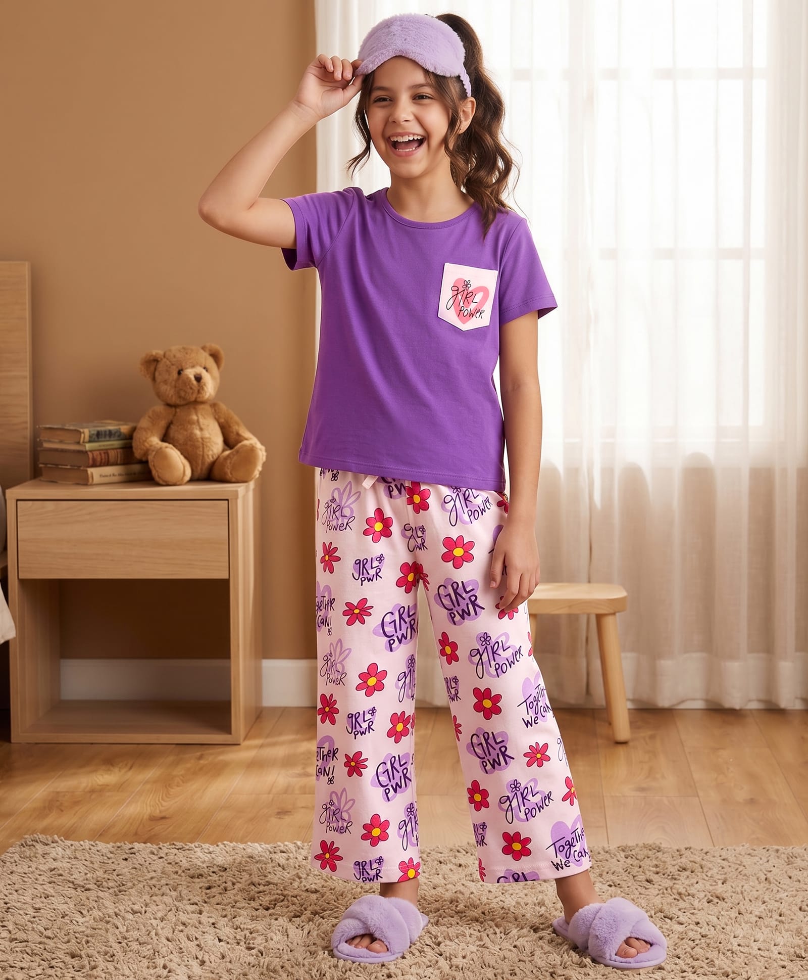 Pine Kids Cotton Knit Half Sleeves Floral Printed Top & Capri Night Suit - Lavender-image-15