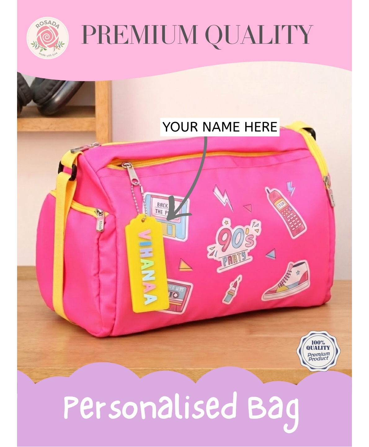 Rosada Retro DIY Sports Duffle Bag Multipurpose Easy Access Travel Bag for Kids - Pink & Yellow-picture-28