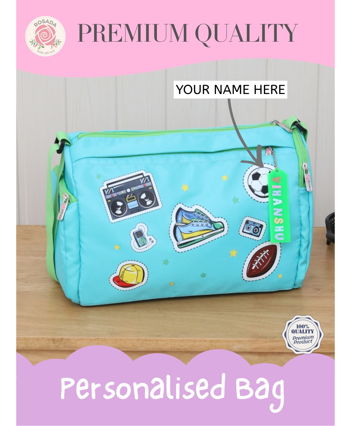 Rosada Retro DIY Sports Duffle Bag Multipurpose Easy Access Travel Bag for Kids - Cyan & Green-picture-18