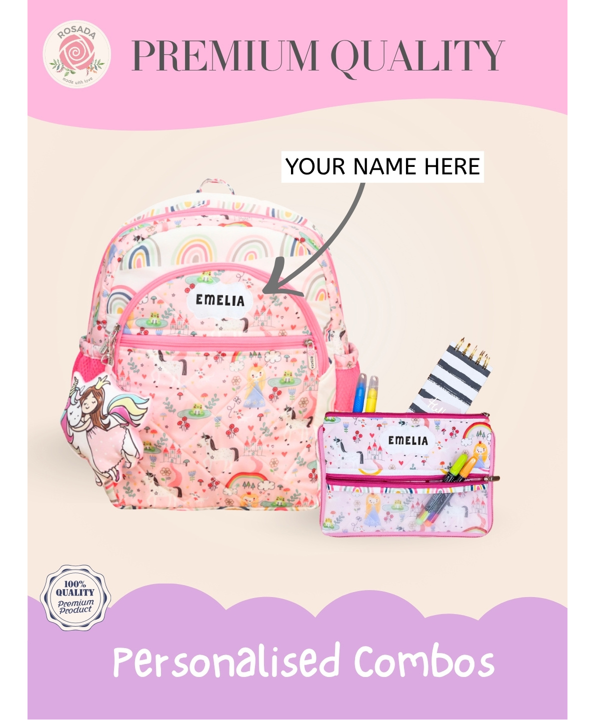 Rosada 14.5 Inches DIY Princess School Bag Medium & Double Zip Pencil Pouch Combo With Keychain - Multicolour-image-16