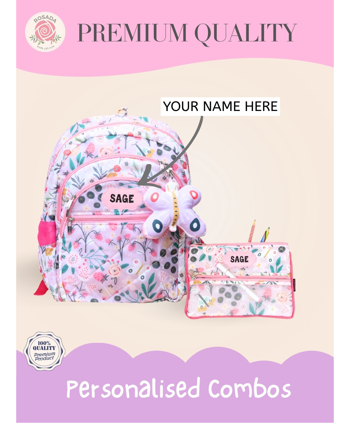 Rosada 17 Inches DIY Lilac Garden School Bag Large & Double Zip Pencil Pouch Combo With Keychain - Multicolour-image-7