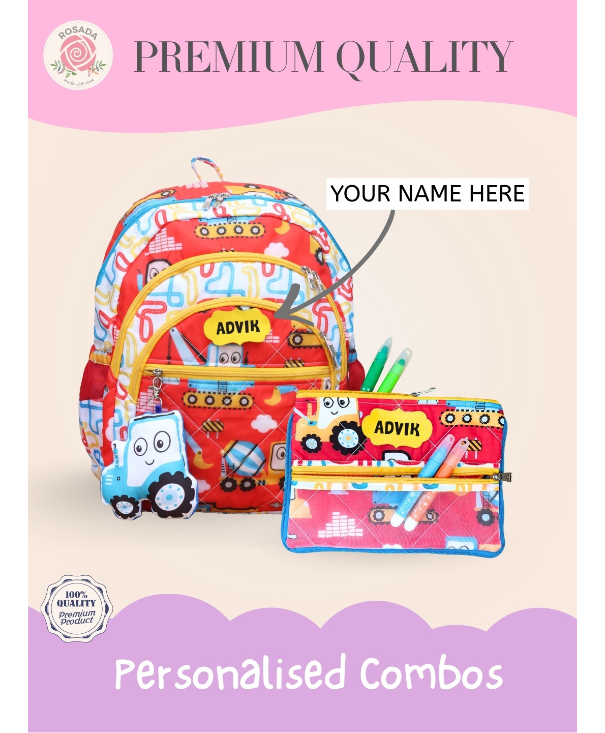 Rosada 14.5 inches DIY Red Truck School Bag Medium & Double Zip Pencil Pouch Combo With Keychain - Multicolour-image-31