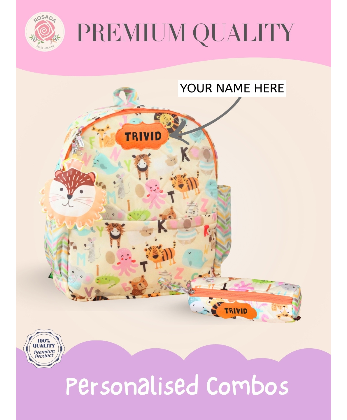 Rosada 13 inches DIY White Alphabet Backpack Medium & Round Pencil Pouch Combo With Keychian - Multicolour-image-8