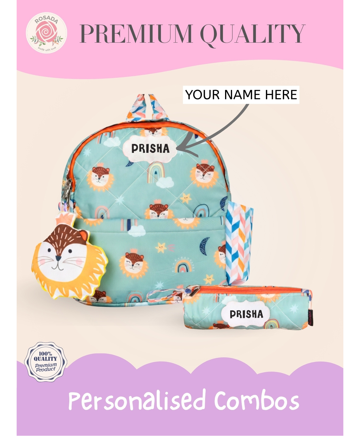 Rosada 15 Inches DIY Fancy Lion Backpack Large & Round Pencil Pouch Combo With Keychian - Multicolour-image-20