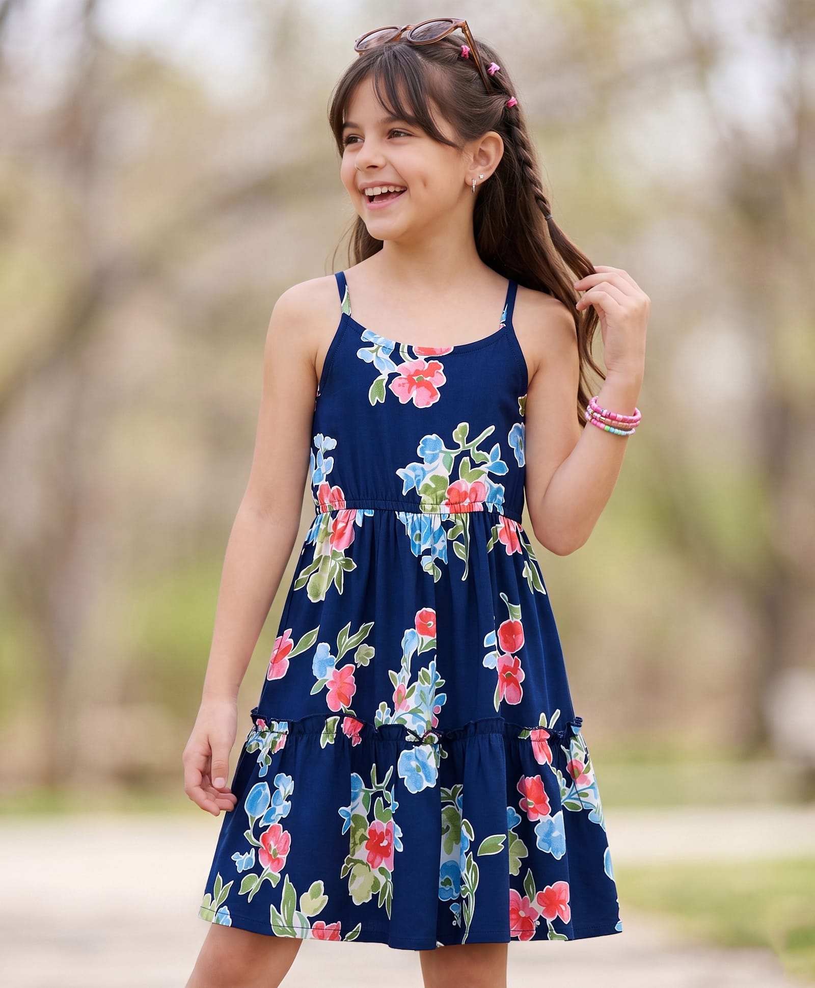 Pine Kids Woven Sleeveless Floral Printed Tiered Frock - Navy Blue-image-29