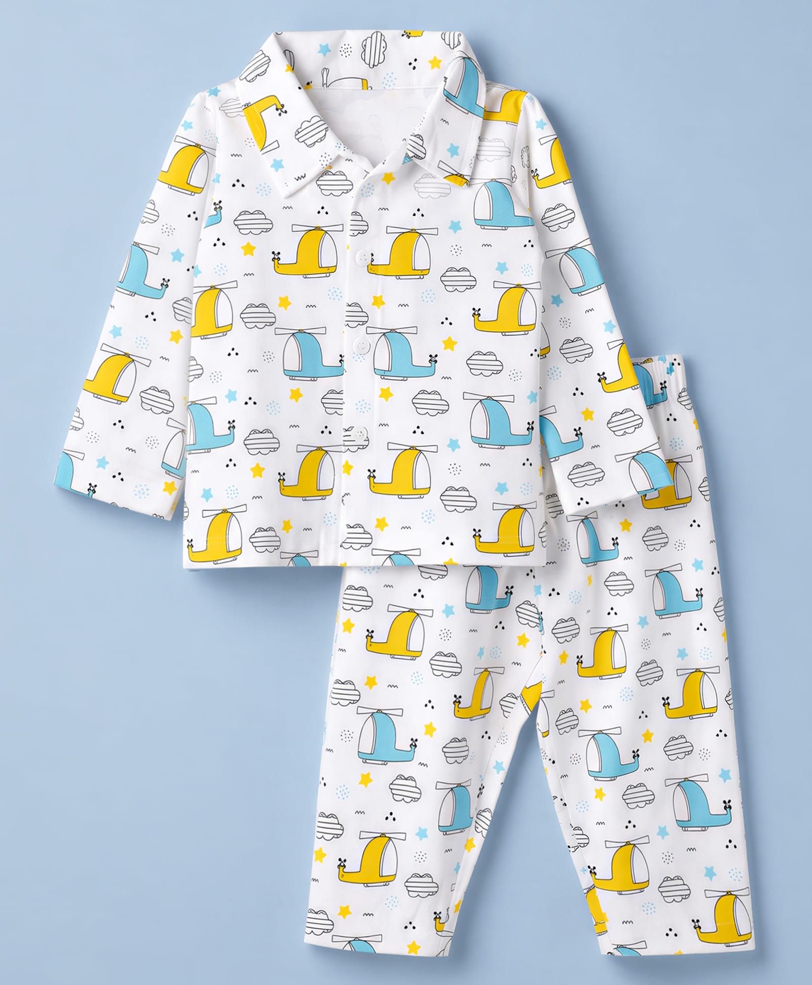 Doodle Poodle 100% Cotton Knit Front Open Shirt & Pyjama Night Suit with Helicopter Print - White-image-42
