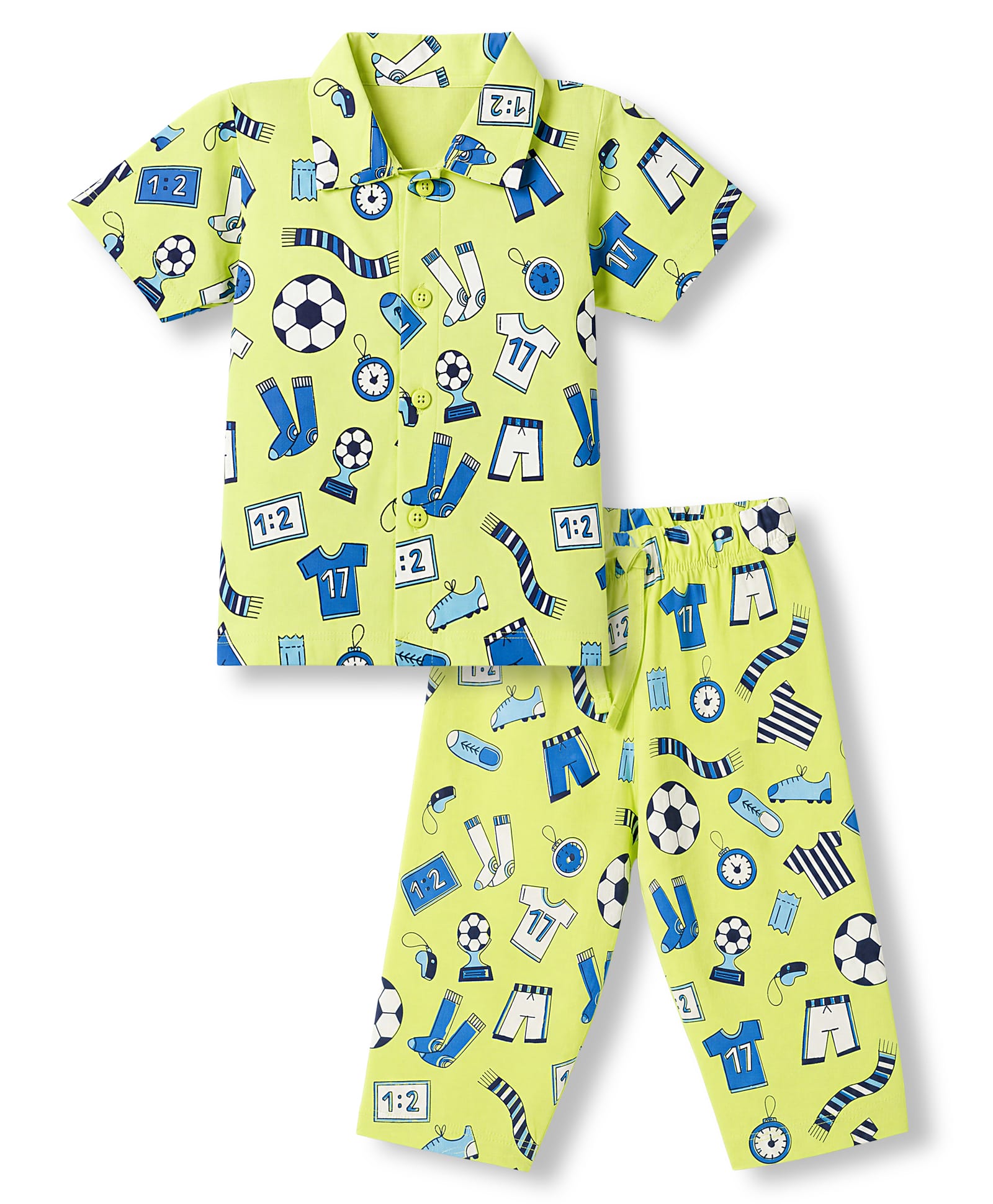 Doodle Poodle 100% Cotton Knit Half Sleeves Co-Ords Shirt & Pyjama Night Suit with Football Print - Green-image-16
