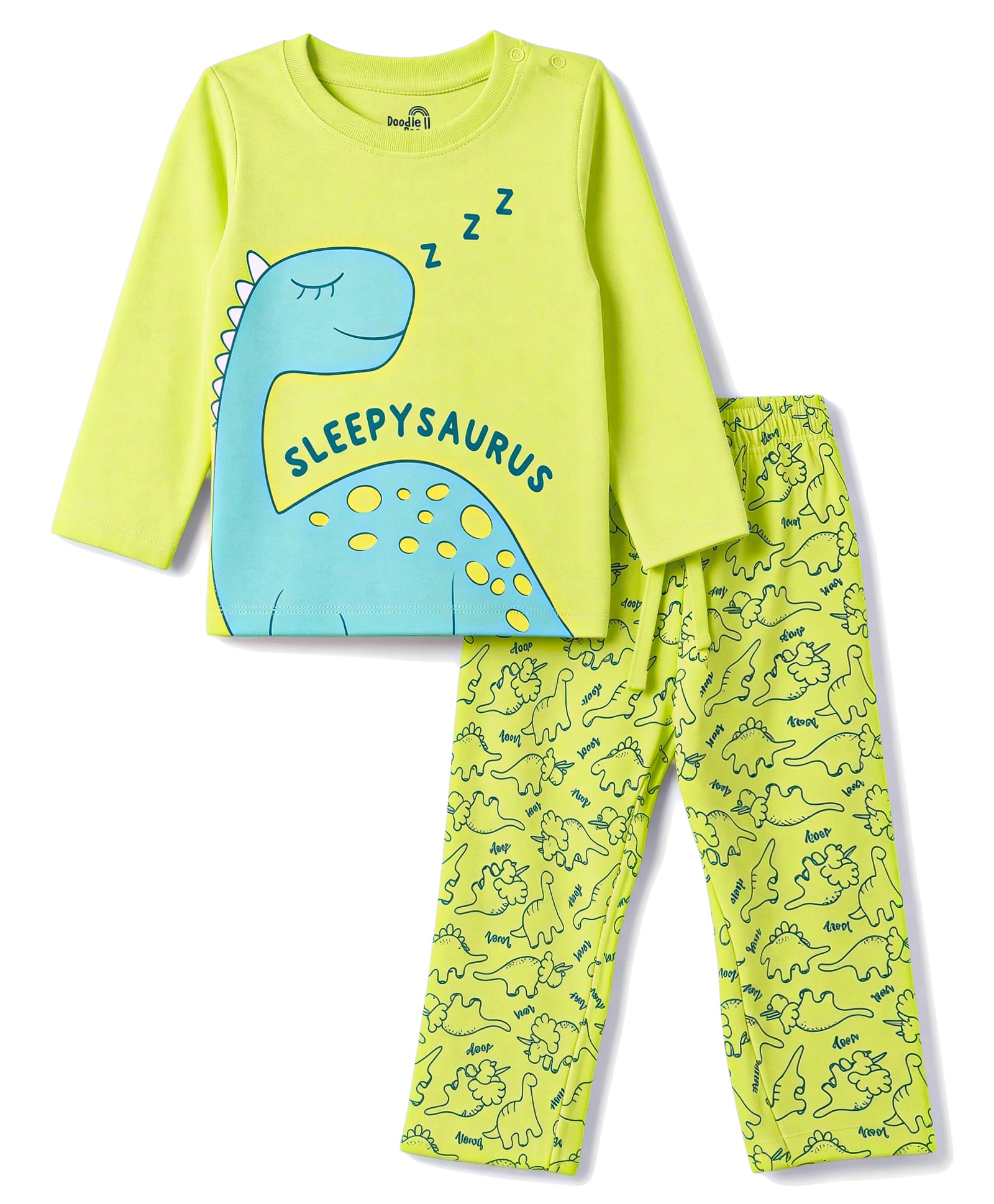 Doodle Poodle 100% Cotton Knit Full Sleeves Dino Printed T-Shirt & Pajama Night Suit - Neon Green-picture-37