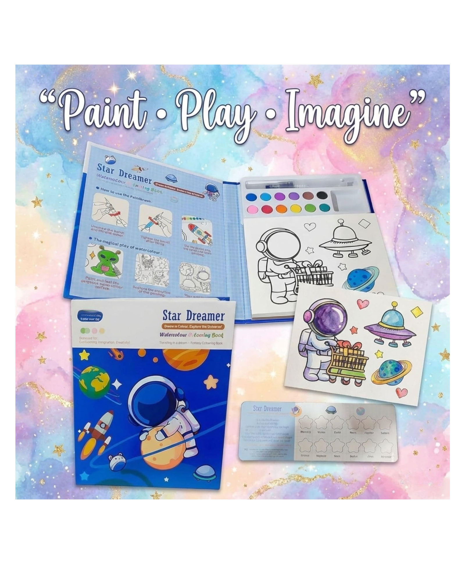Yamama Astronaut Watercolor Coloring Book Kit for Kids, 12 Solid Colors with Water Brush, Refillable Paint Brush, Creative Painting Activity Book, Art Kit for Boys & Girls Age 5+ Multicolor-image-25