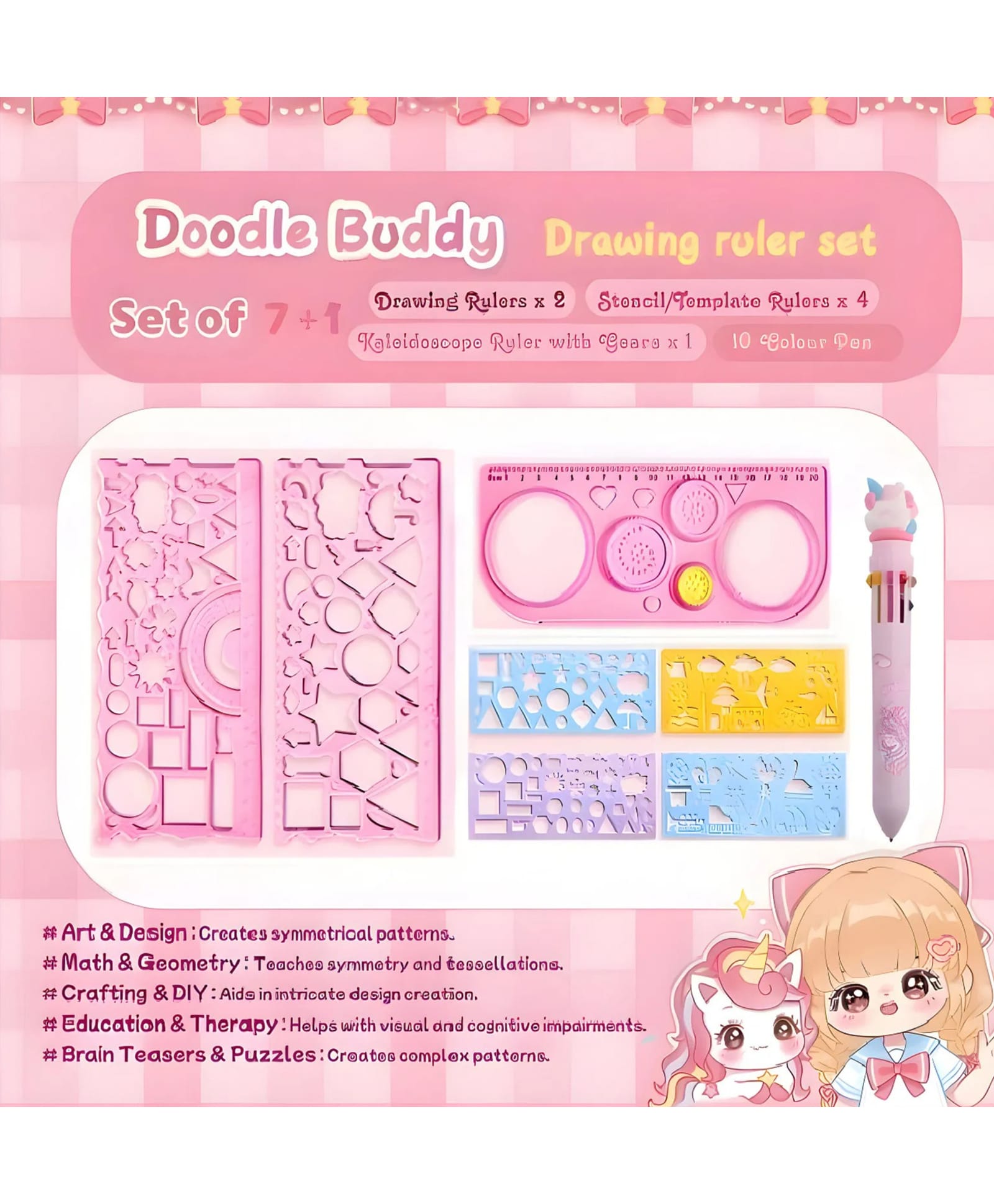 YAMAMA Geometric Drawing Ruler Set 7+1 Cute Cartoon Theme Drawing Set for Kids with 10 in 1 Color Ball Pen for Kids, Geometric Ruler Drafting Tool - Multicolor-image-26
