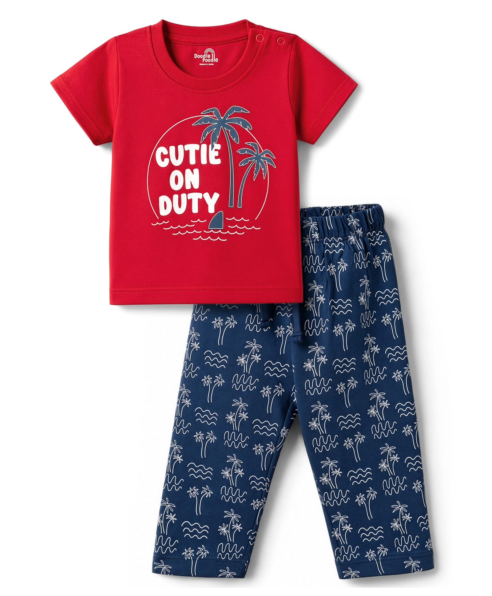 Doodle Poodle 100% Cotton Knit Half Sleeves Beach Theme Printed T-Shirt & Pyjama Night Suit - Red & Navy Blue-picture-42