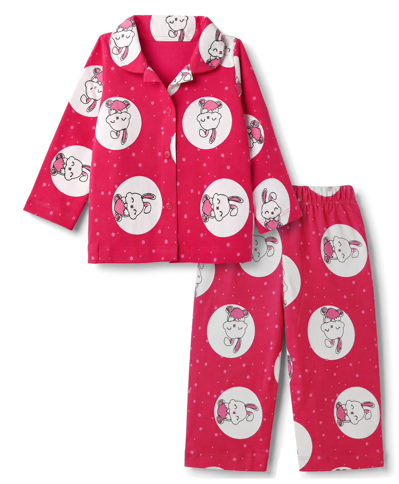 Doodle Poodle 100% Cotton Knit Front Open Shirt & Pyjama Night Suit with Bunny Print - Dark Pink-picture-12