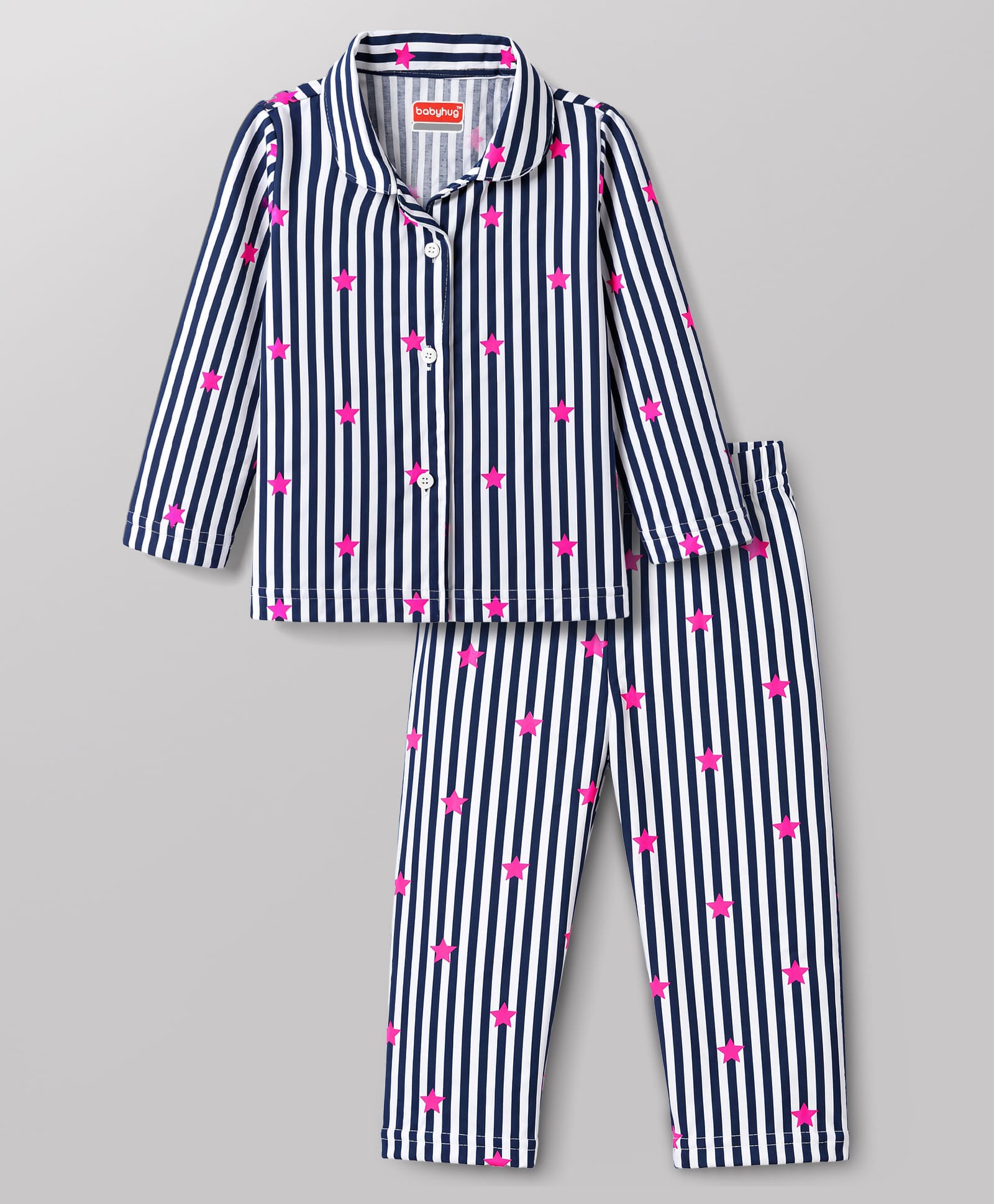Babyhug Cotton Knit Full Sleeves Shirt & Pyjama Co-Ord Striped Night Suit With Star Print - Navy Blue-image-28