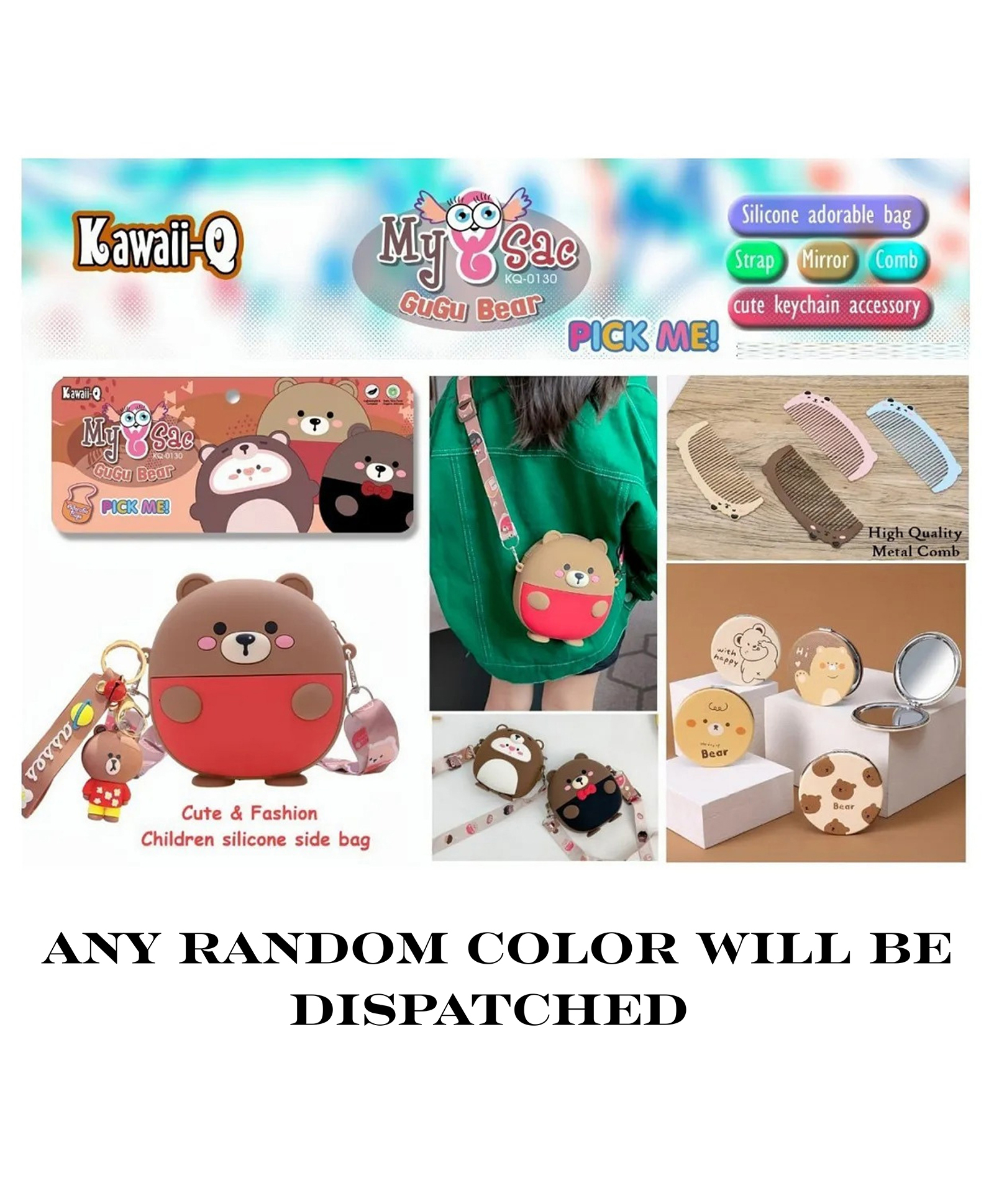YAMAMA 6.6 Inch Silicone Cute GUGU Bear Soft Sling Crossbody Purse Bags for Girls, Toys Handbag Shoulder Silicone Small Purse, Sling Bag with Key Ring, Comb and Mirror - Color May Vary-image-1