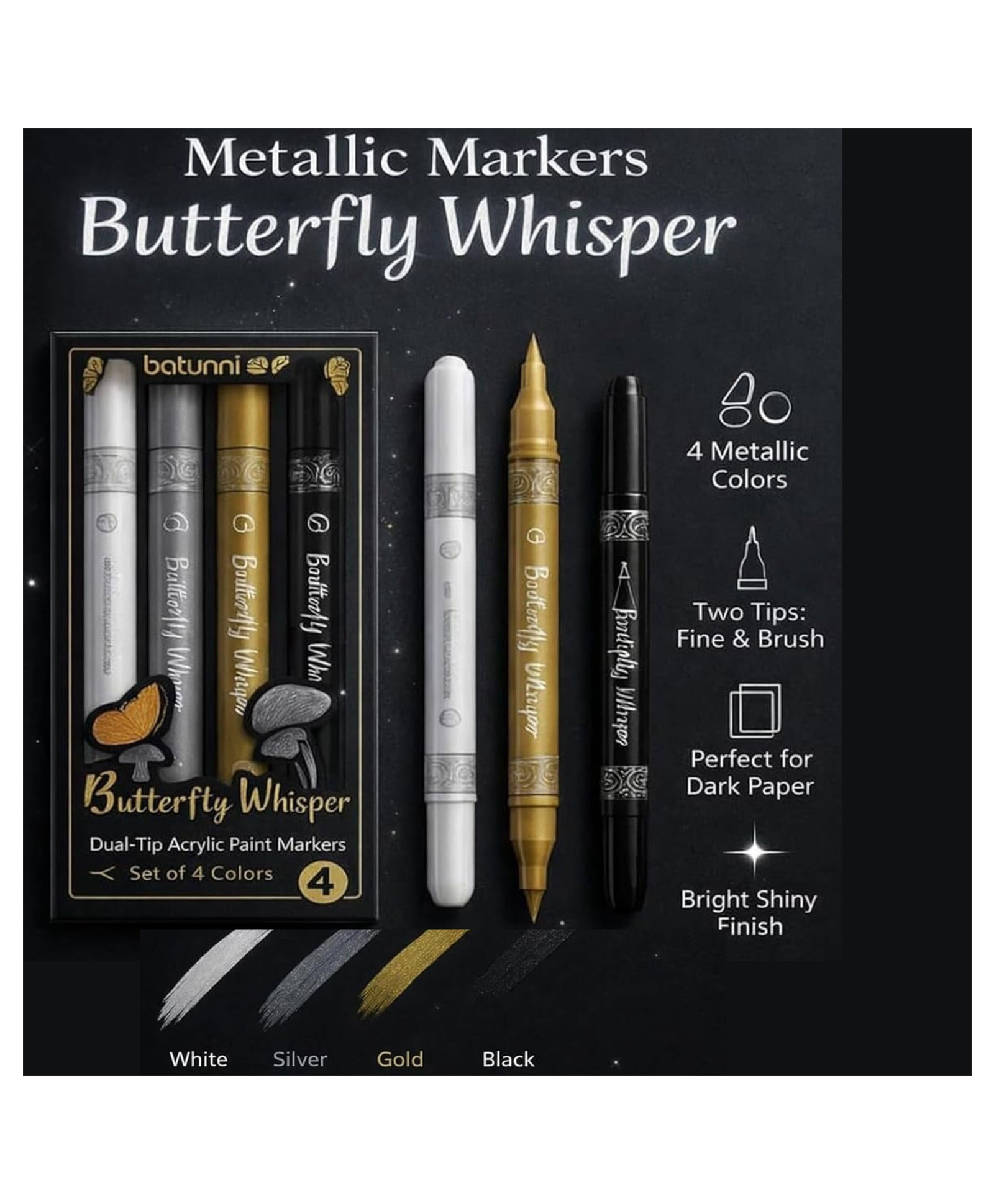YAMAMA 4 Pcs Butterfly Whisper Metallic Acrylic Paint Markers Set, Dual Tip Brush & Fine Tip Pens, Marker Pens for Rock Painting, DIY Crafts, Glass, Wood, Canvas, Calligraphy Art Supplies - Multicolor-image-47