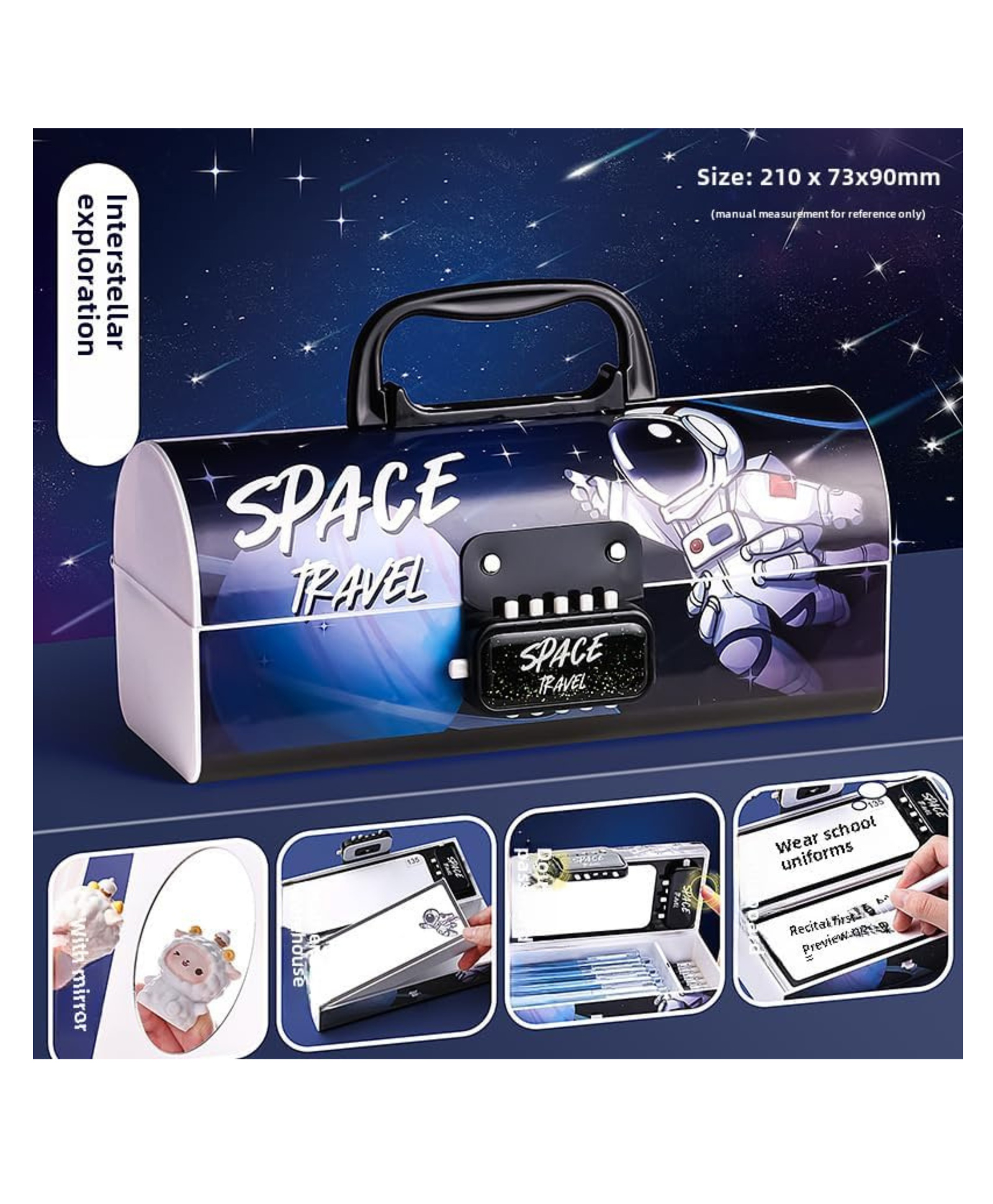 Yamama Astronaut Space Travel Compass Pencil Box for Kids with Lock System, 2 Compartments Storage Case, Pencil Case for Boys & Girls - Multicolor-image-0