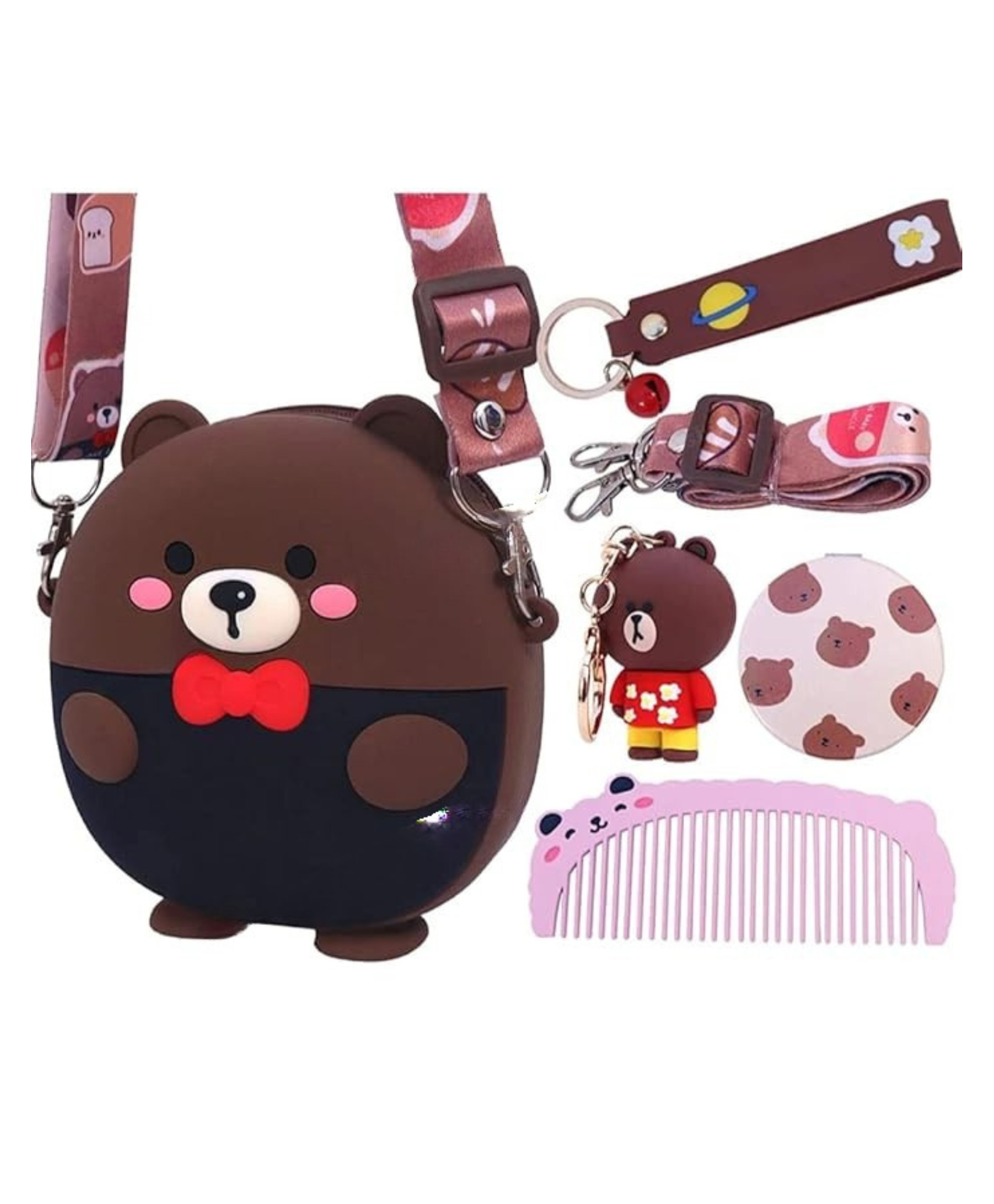 YAMAMA 6.6 Inch Silicone Cute GUGU Bear Soft Sling Crossbody Purse Bags for Girls, Toys Handbag Shoulder Silicone Small Purse, Sling Bag with Key Ring, Comb and Mirror - Color May Vary-image-9