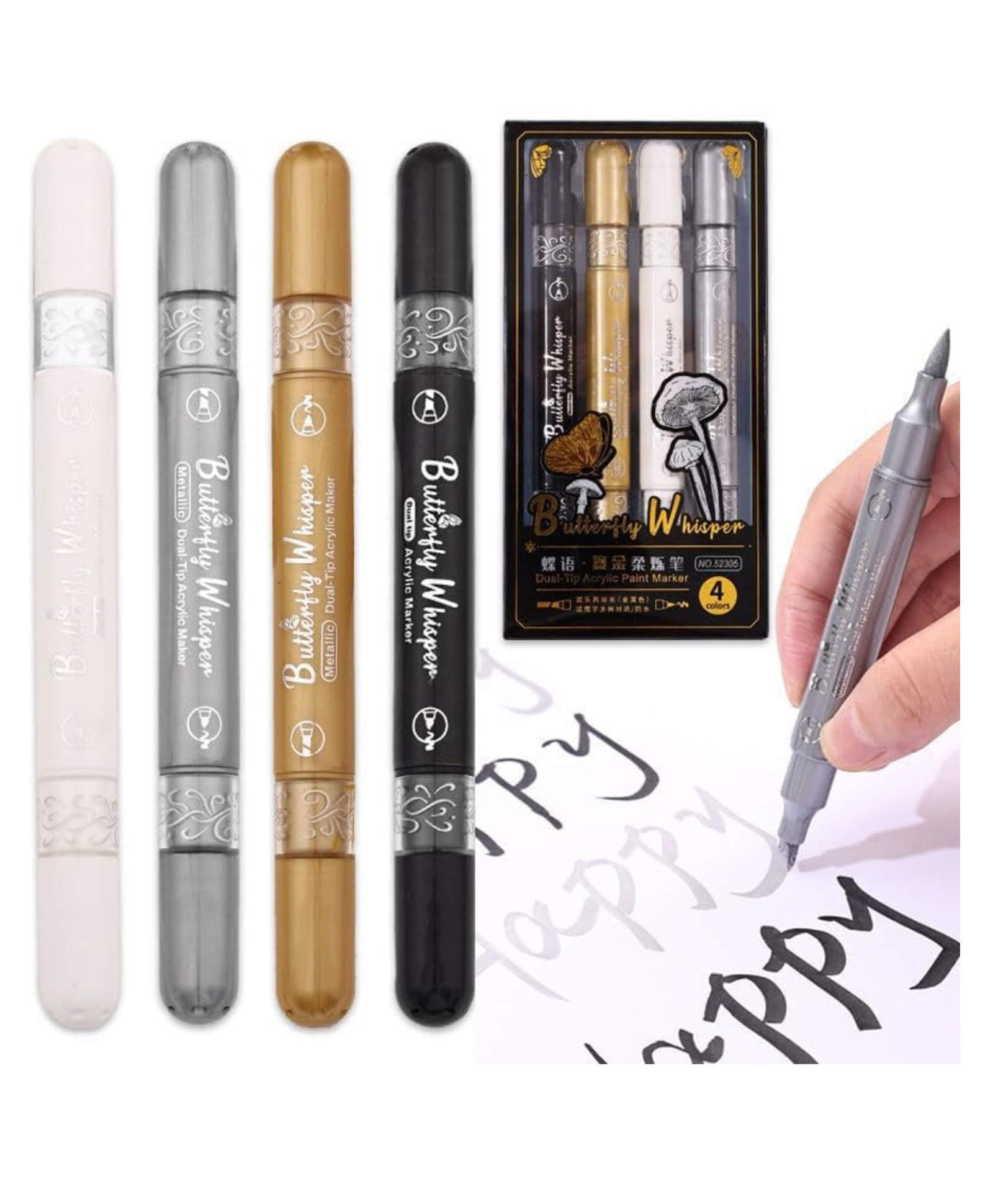 YAMAMA 4 Pcs Butterfly Whisper Metallic Acrylic Paint Markers Set, Dual Tip Brush & Fine Tip Pens, Marker Pens for Rock Painting, DIY Crafts, Glass, Wood, Canvas, Calligraphy Art Supplies - Multicolor-image-35