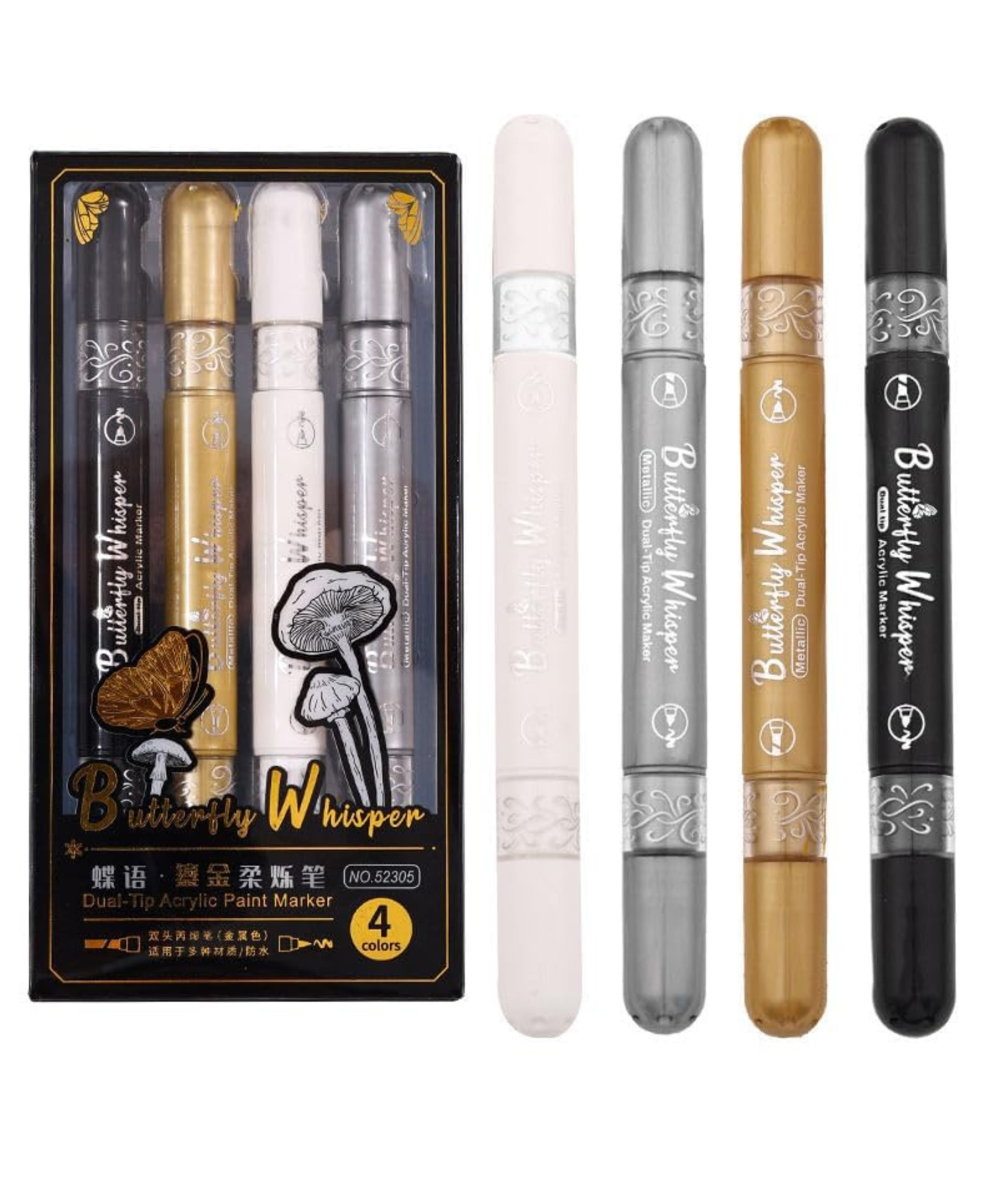 YAMAMA 4 Pcs Butterfly Whisper Metallic Acrylic Paint Markers Set, Dual Tip Brush & Fine Tip Pens, Marker Pens for Rock Painting, DIY Crafts, Glass, Wood, Canvas, Calligraphy Art Supplies - Multicolor-picture-21