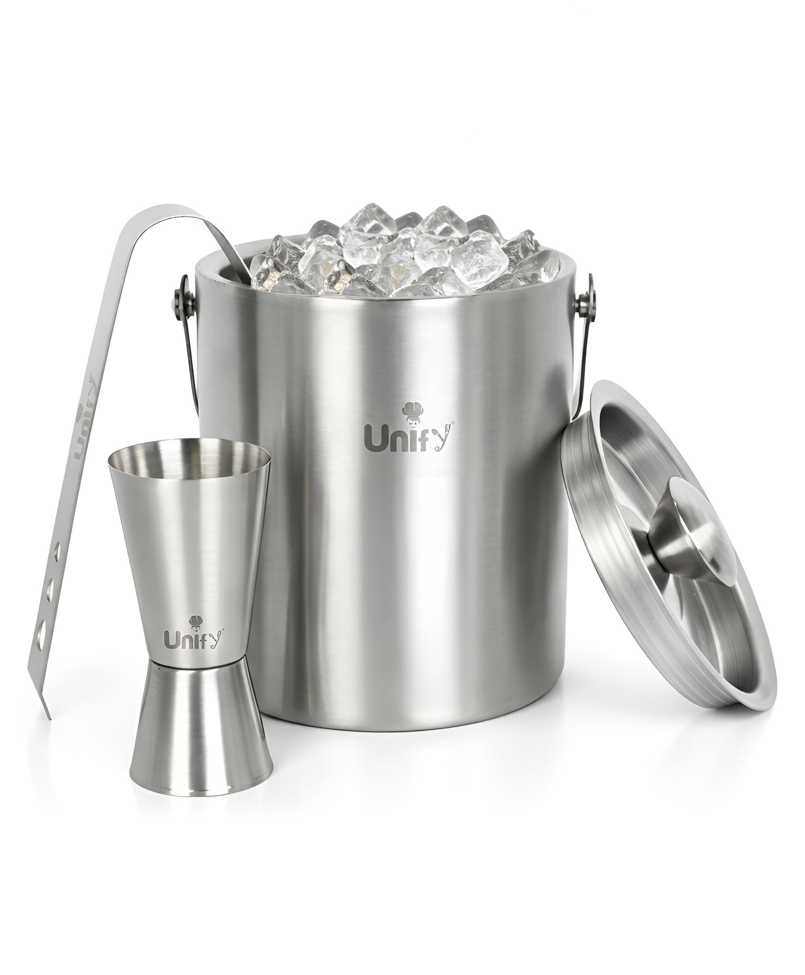 Unify 3 Pieces Stainless Steel Double Wall Ice Bucket Set (1 Litre) with Lid, Ice Tongs & 30/60 ml Peg Measurer | Insulated Ice Bucket for Home Bar, Parties & Cocktails, Bar Accessories-image-3