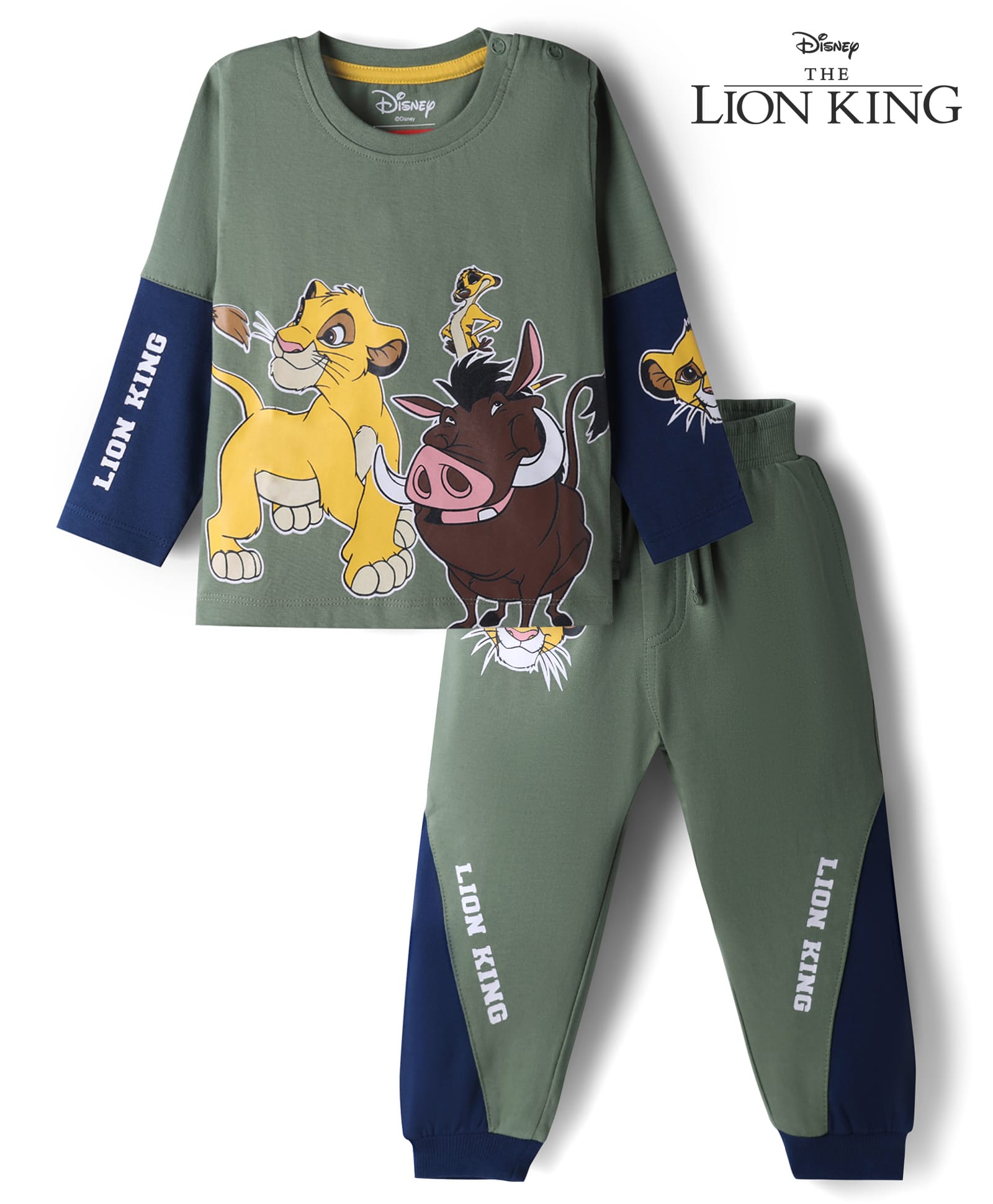 Babyhug Disney Single Jersey Knit Full Sleeve T-shirts & Joggers Set With Lion King Graphic & Cut & Sew Design - Green & Navy Blue-picture-18