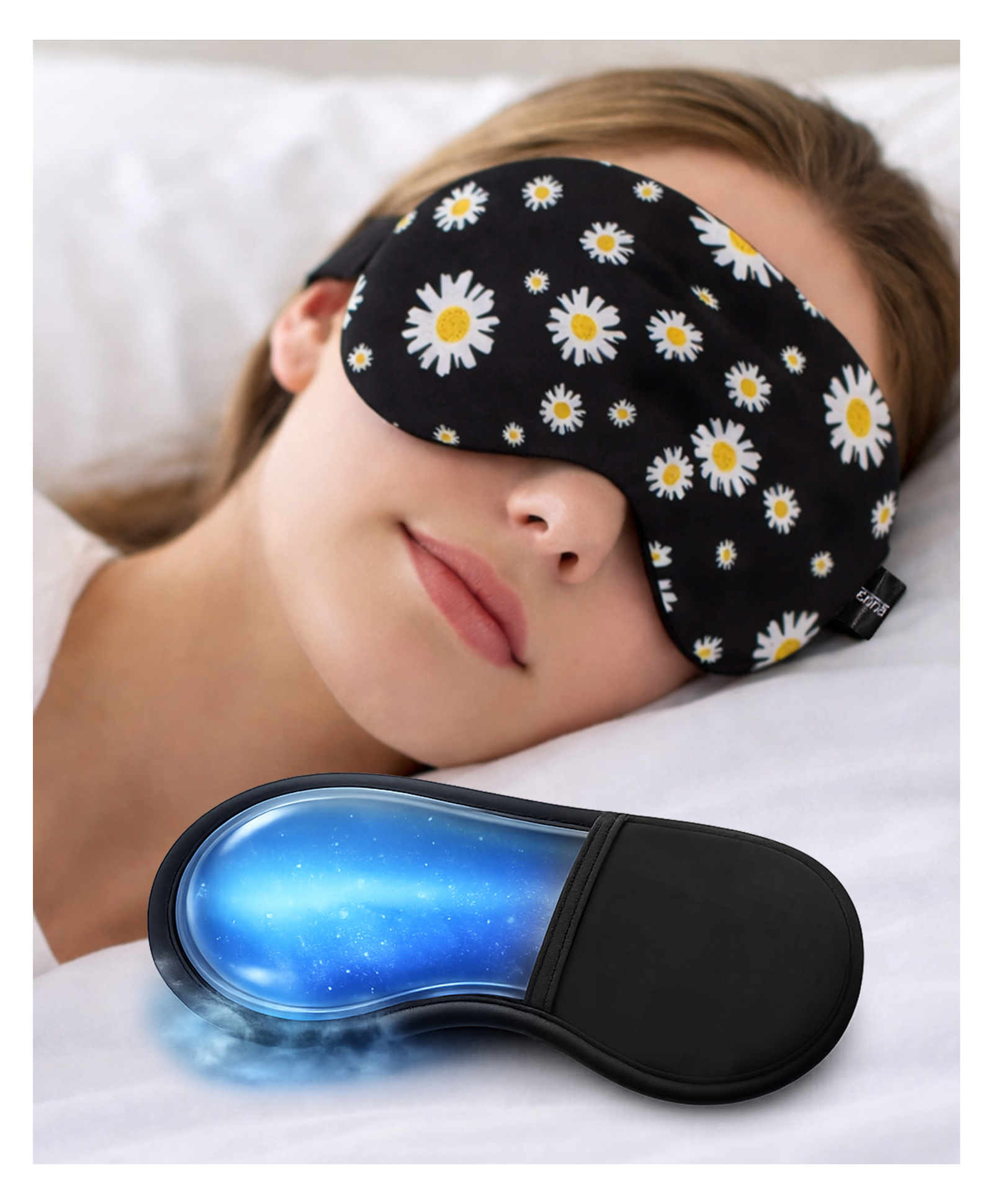 Jenna Daisy Print Sleeping Eye Mask with Cooling Gel Soft Floral Sleep Mask for Relaxation, Travel & Puffy Eyes Relief - Black-image-43