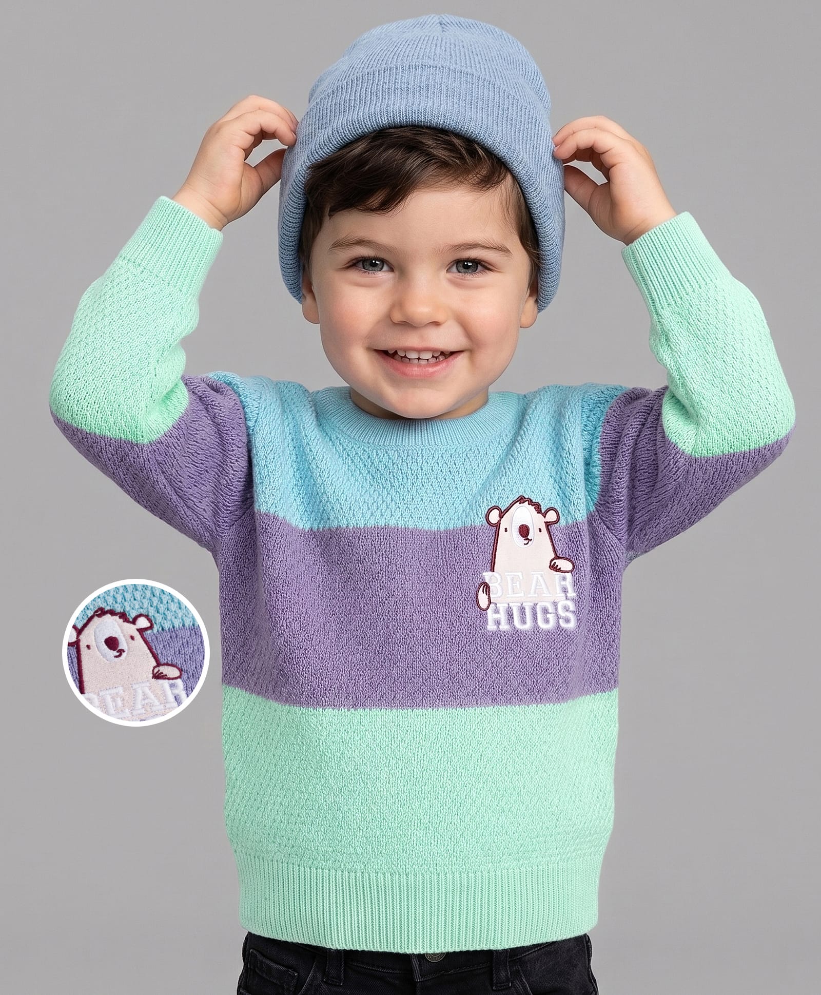 Babyoye 100% Cotton Jacquard Knit Full Sleeves Pullover with Colour Block & Bear Design - Aqua-image-48